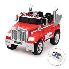 12V Kids Battery Electric Ride On Car Toy, Optimus Prime Truck with Remote Control, Transformers Die-Cast Vehicle W/ Music, Rear Loader - Red