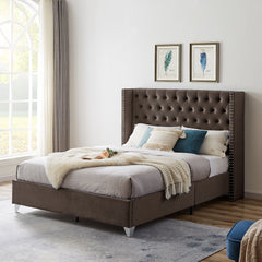 Queen Bed - Button designed Headboard - Brown