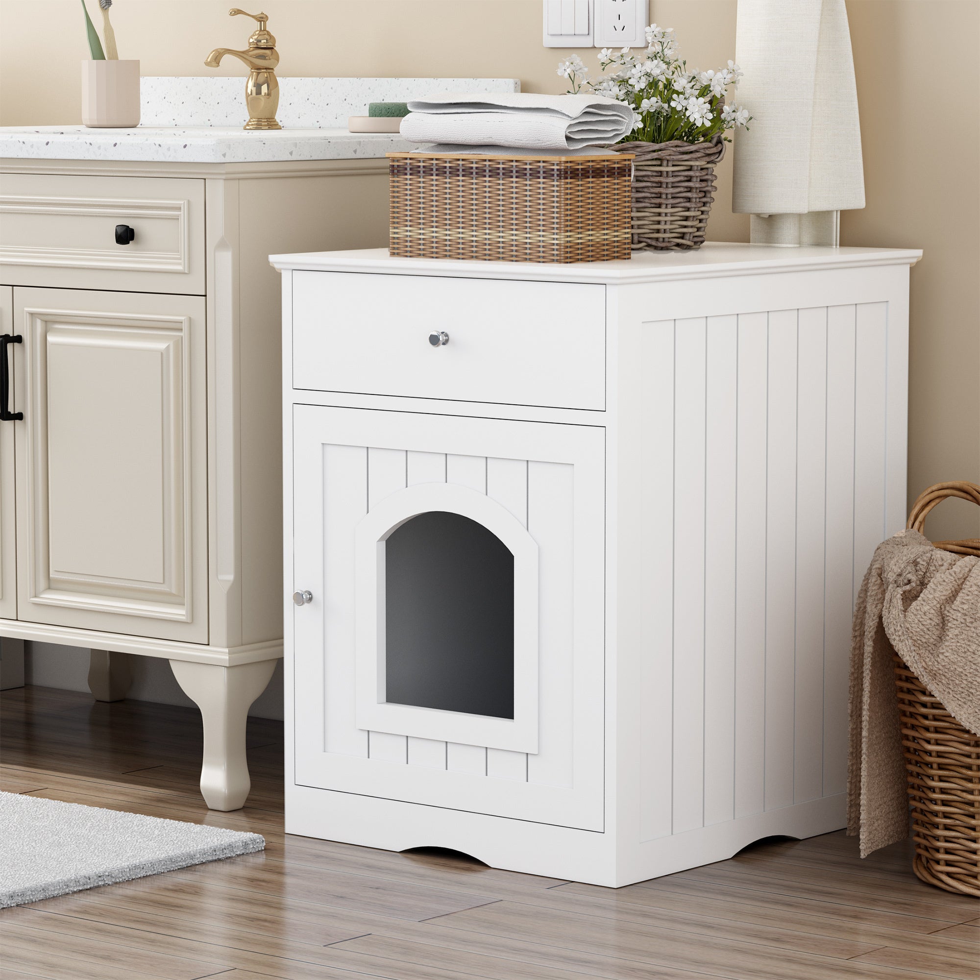 Cat Home Litter Nightstand with Drawer - White