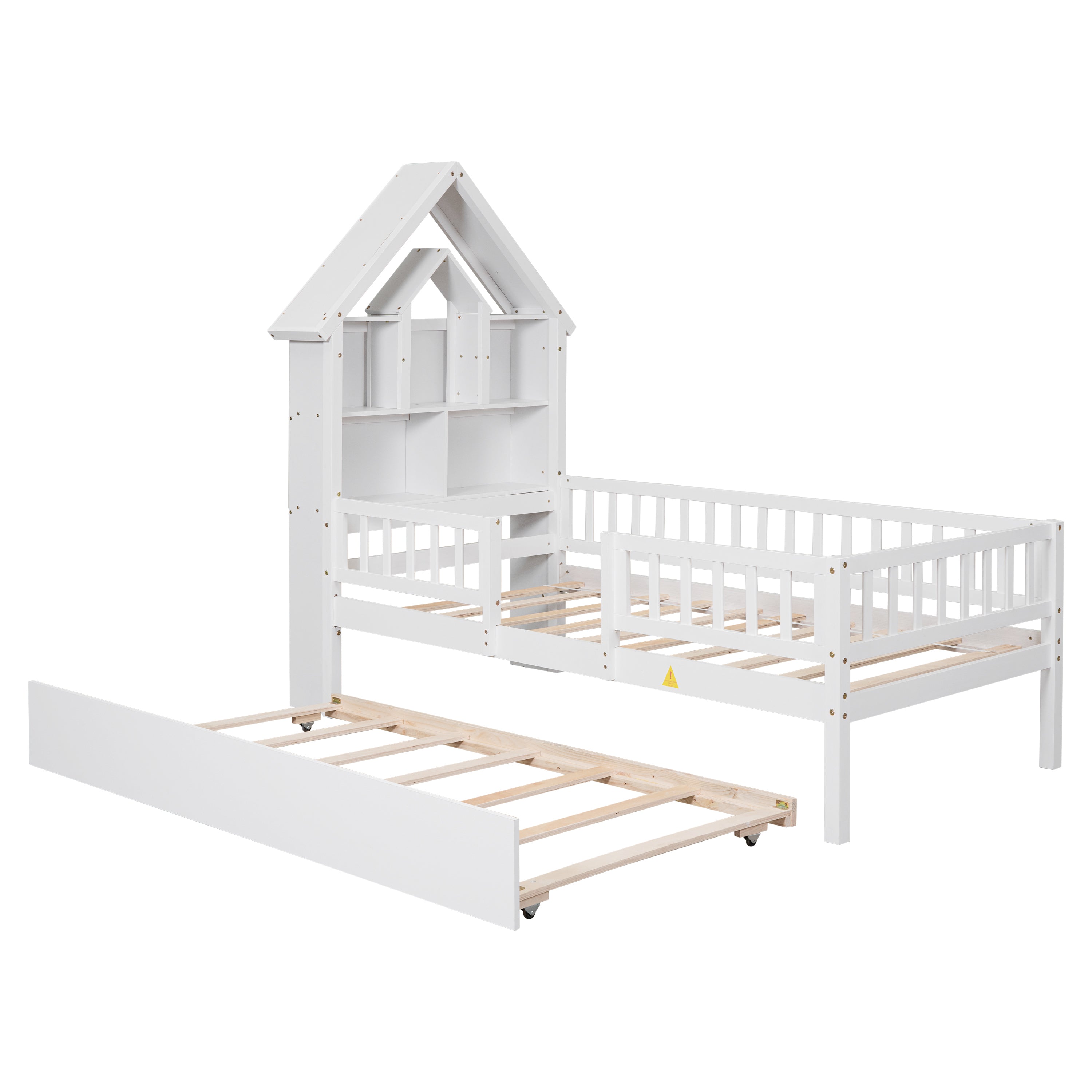 Twin Size DollHouse-Shaped Headboard with Fence Guardrails and Trundle - White