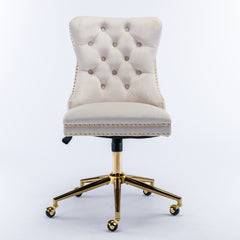 Velvet Upholstered Tufted Button Home Office Chair with Golden Metal Base - Beige