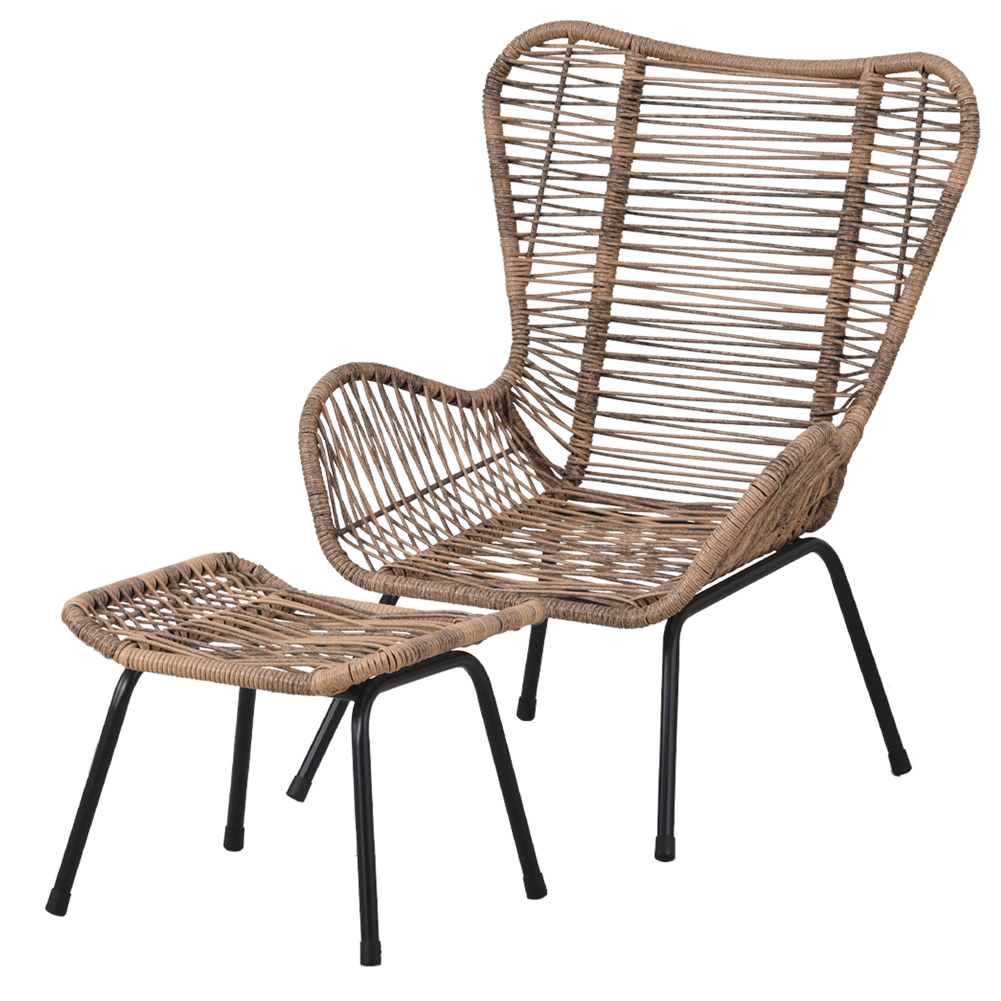 Outdoor Patio 5-Piece Rattan Conversation Set, PE Wicker Arm Chairs with Stools and Tempered Glass Tea Table - Natural Rattan + Dark Gray