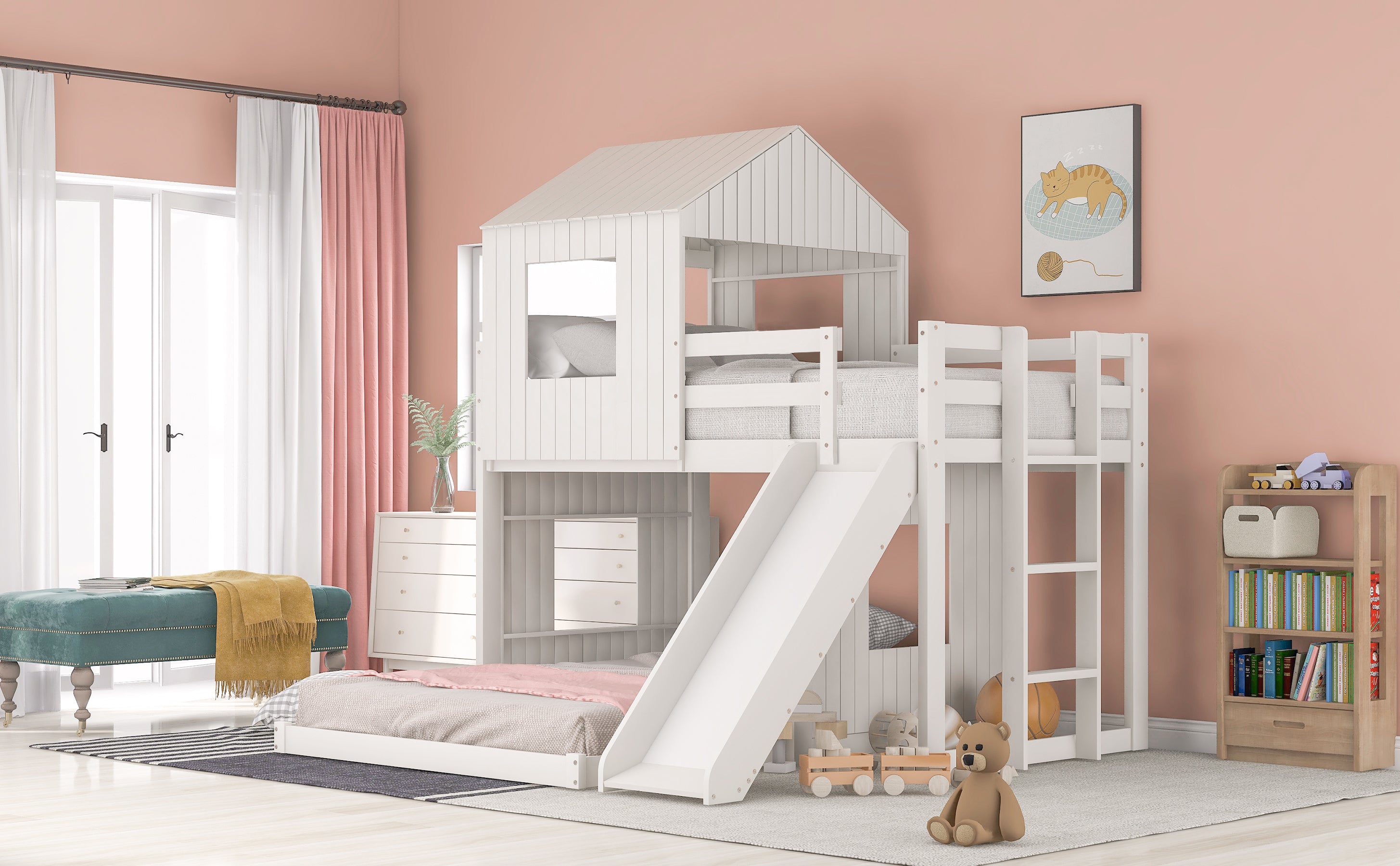 Farmhouse Wooden Twin Over Full Bunk Bed, Loft Bed with Playhouse - White