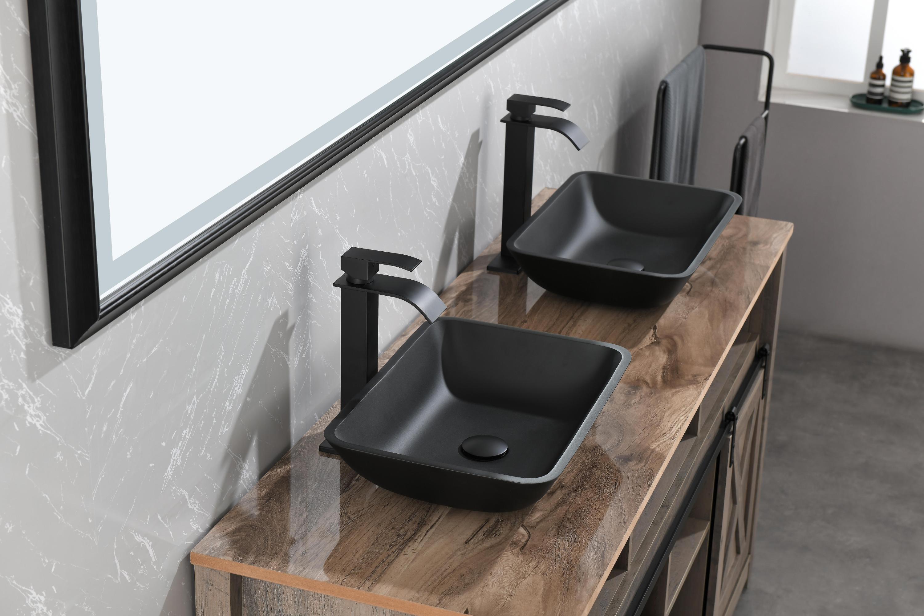 Matte Shell Glass Rectangular Vessel Bathroom Sink in Black with Matte Black Faucet and Pop-Up Drain in Matte Black 13.0" L -18.13" W -4" H