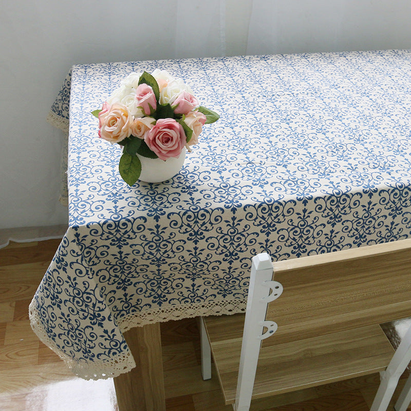 Decorative Cotton Linen Tablecloth, Blue and White Floral Pattern, Lace Trim