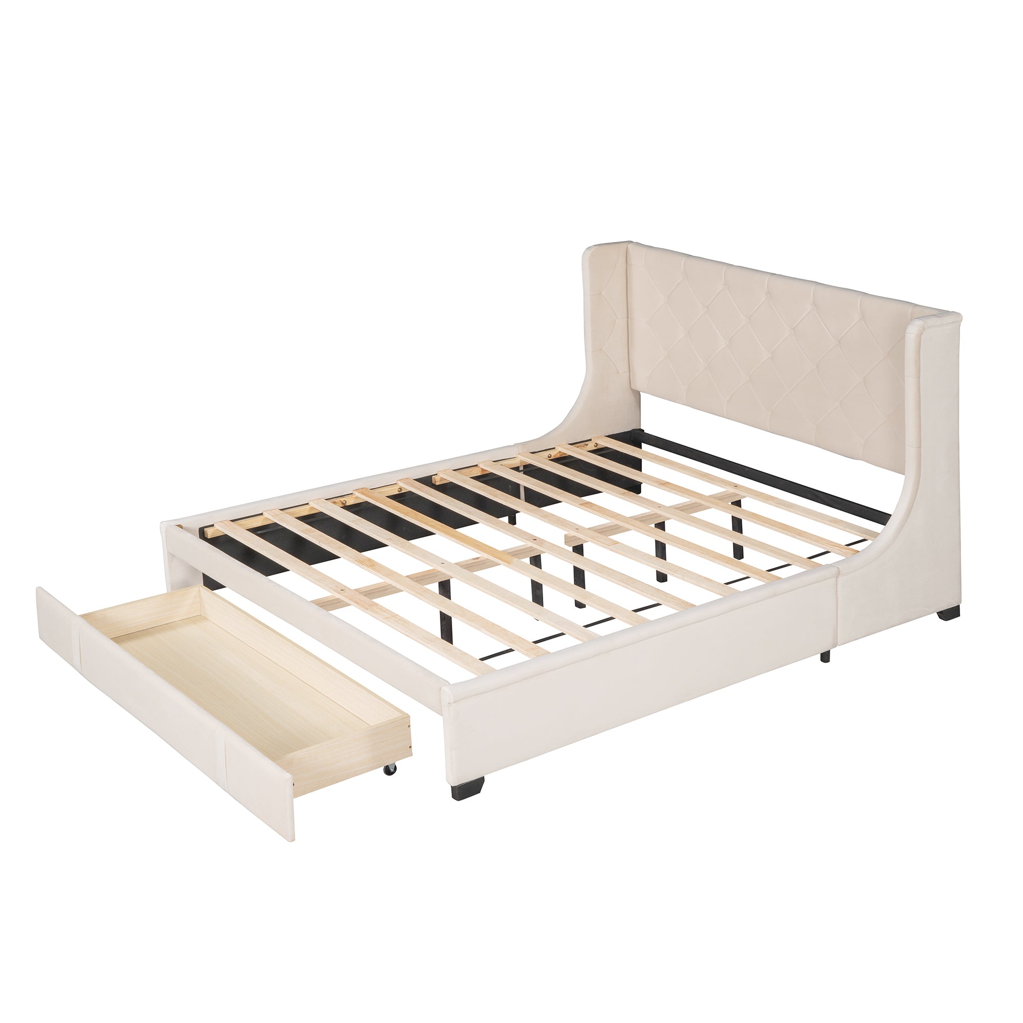 Queen Size Storage Bed Velvet Upholstered Platform Bed - Beige