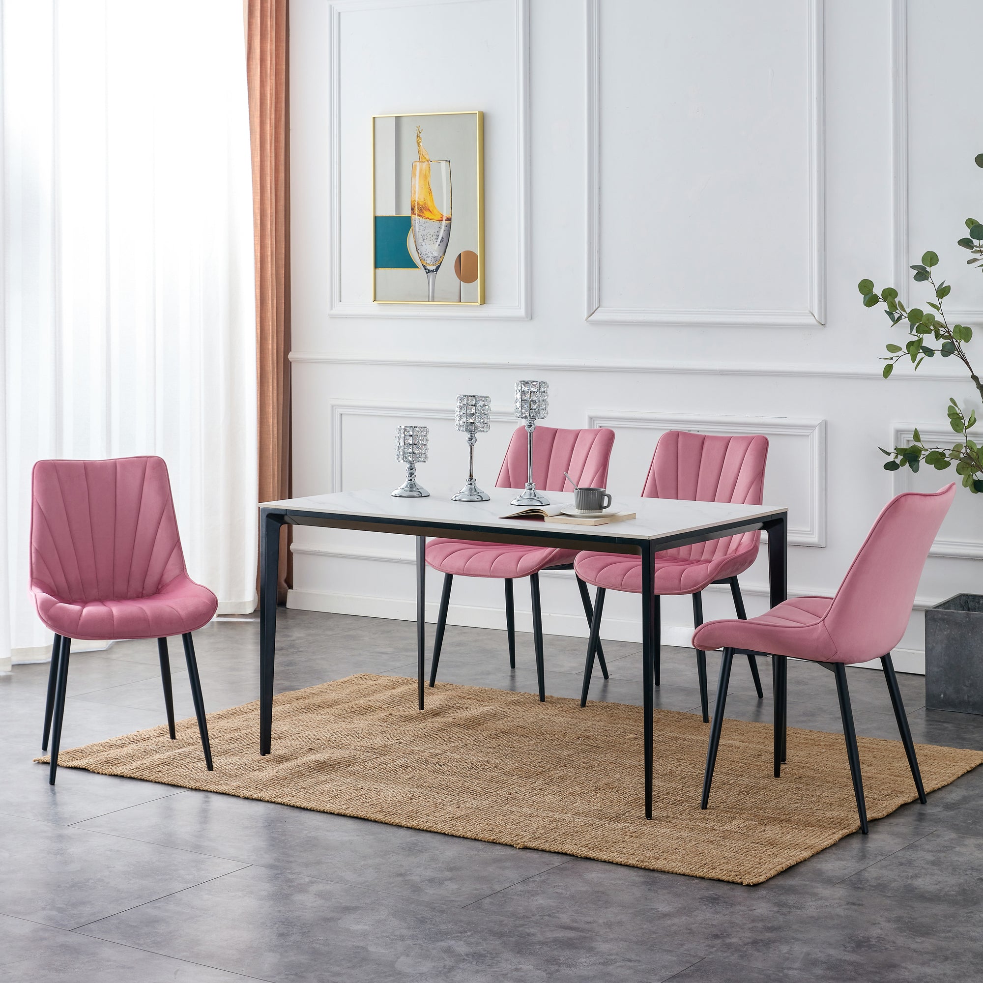 Modern Velvet Dining Chairs with Cushion Seat Back Black Coated Legs Upholstered (Set of 4) - Pink