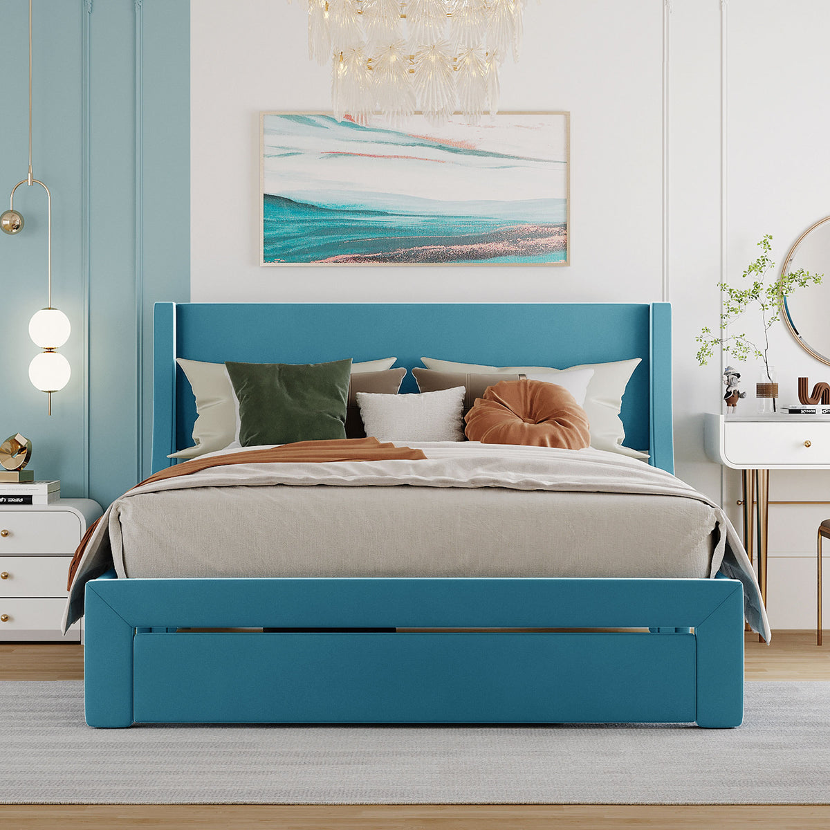 Queen Size Bed Storage with Drawer - Velvet Blue