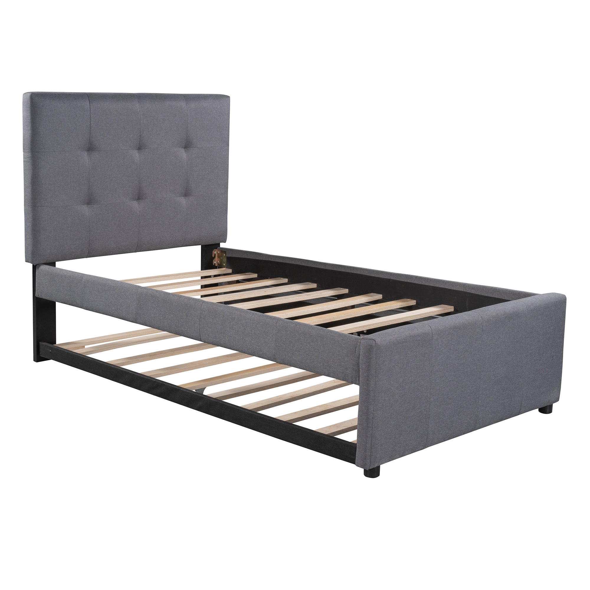 Twin Size Linen Upholstered Platform Bed With Headboard and Trundle - Grey