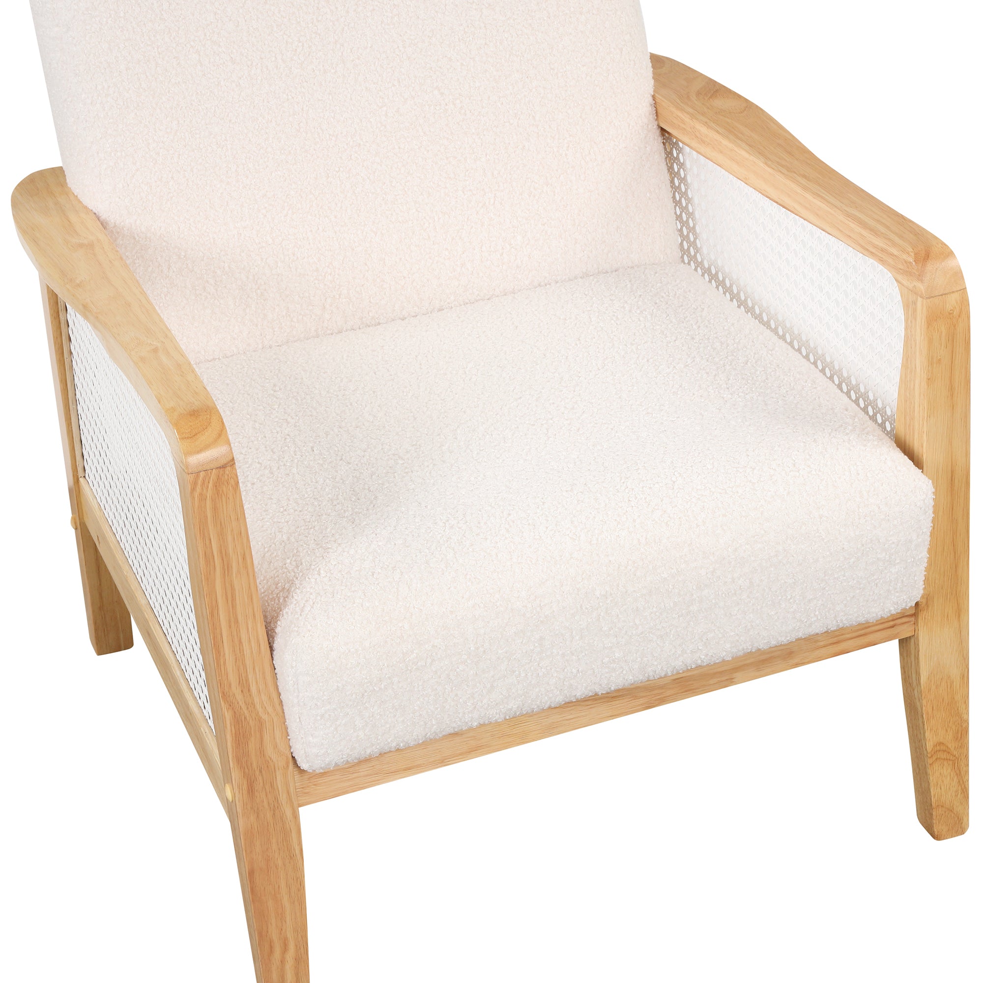 Armchair Rattan Mesh Upholstered Accent Chair, Teddy Short Plush Particle Velvet Armchair - White