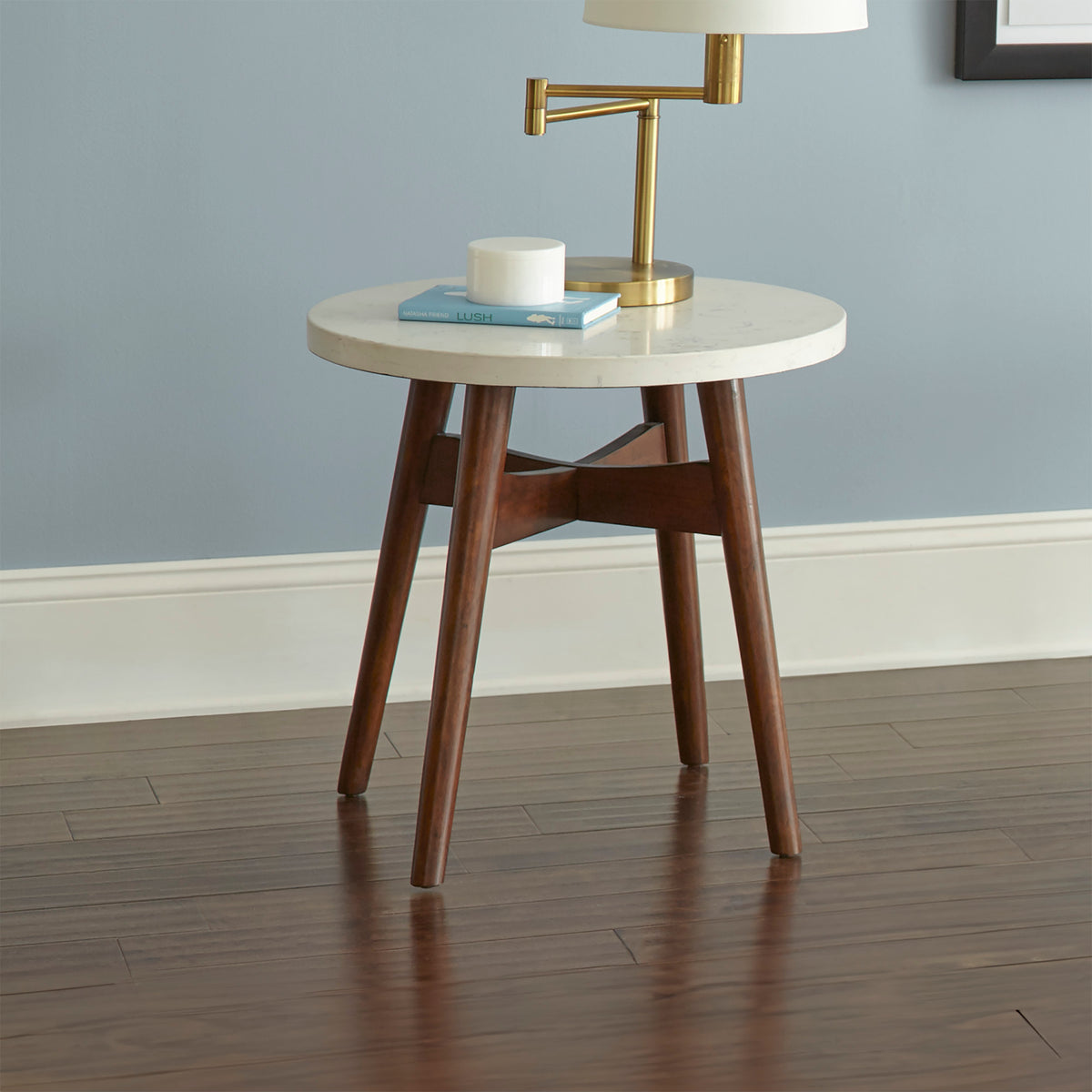 Contemporary Design Accent Table - Natural Cherry Legs, White Silverstone Tops