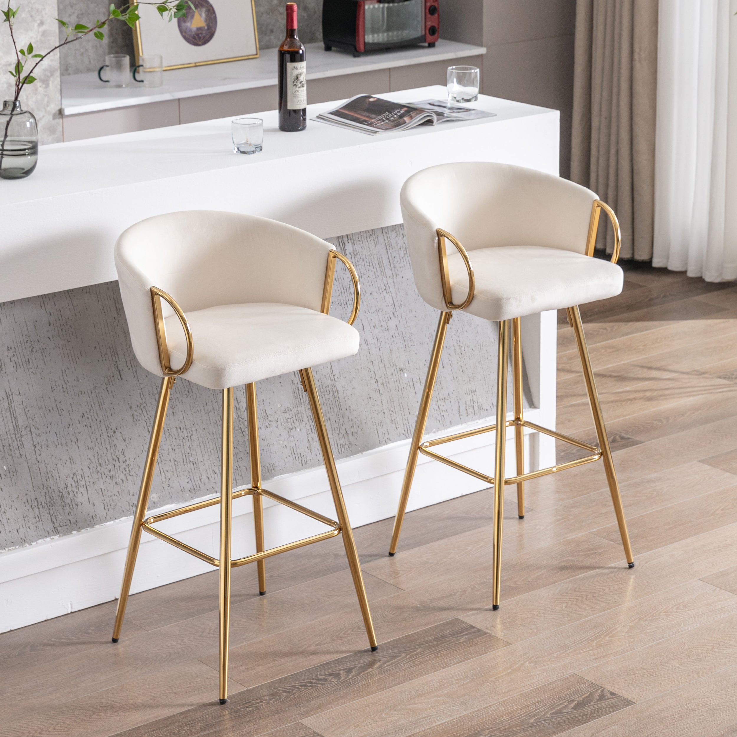 26 Inch Set of 2 Bar Stools, with Chrome Footrest and Base Velvet + Golden Leg Simple Bar Stool - Cream