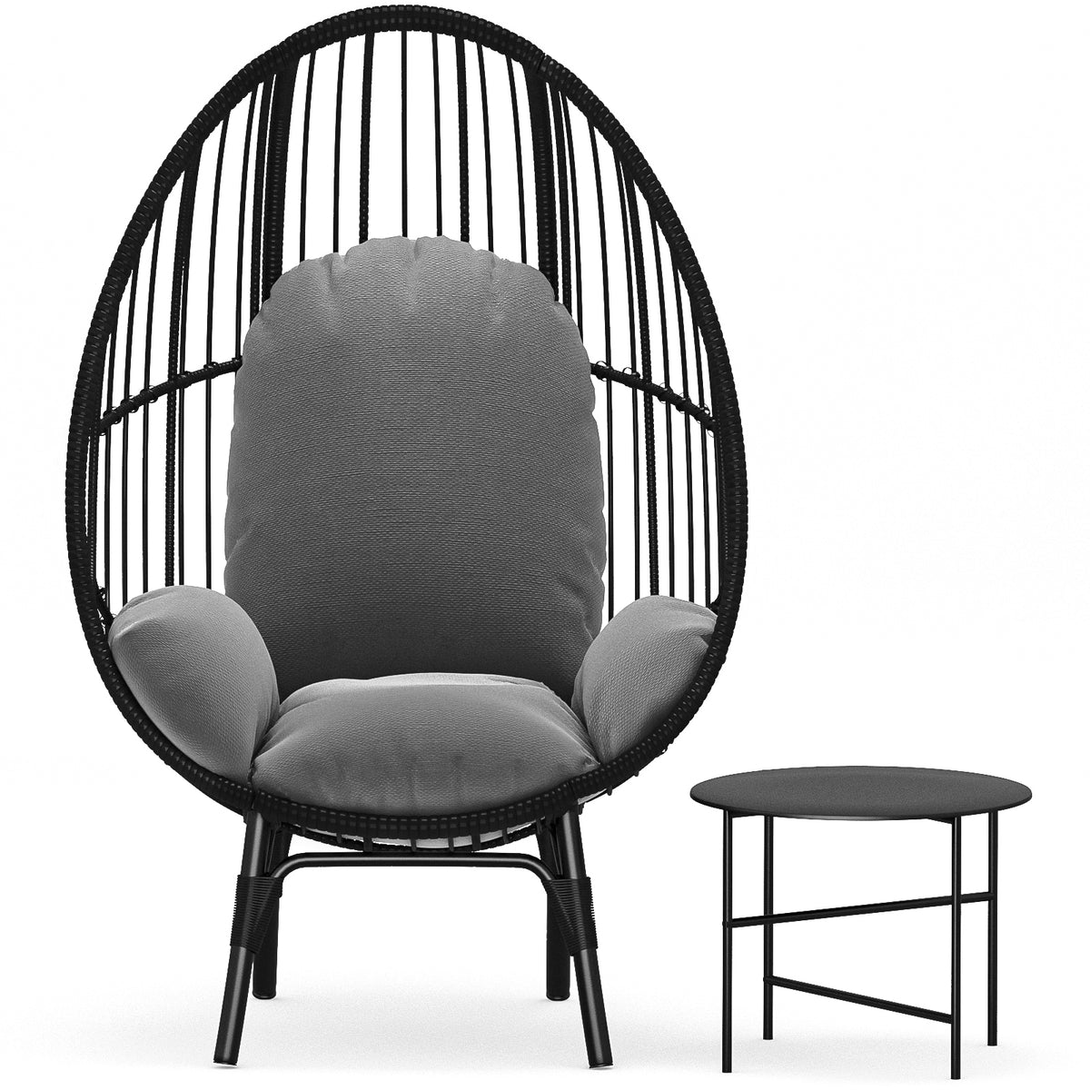 Patio PE Wicker Egg Chair Model 1 with Black Color Rattan Grey Cushion and Side Table