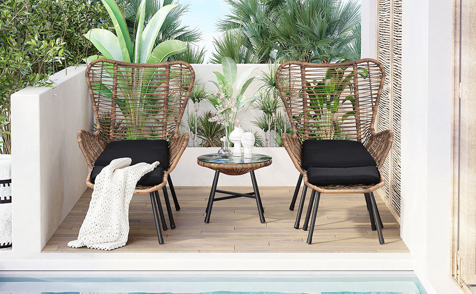 Outdoor Patio 5-Piece Rattan Conversation Set, PE Wicker Arm Chairs with Stools and Tempered Glass Tea Table - Natural Rattan + Dark Gray