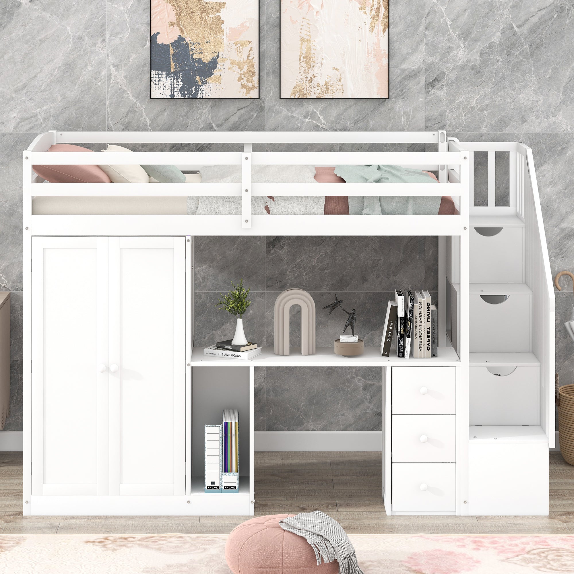 Twin Size Loft Bed with Wardrobe and Staircase - White