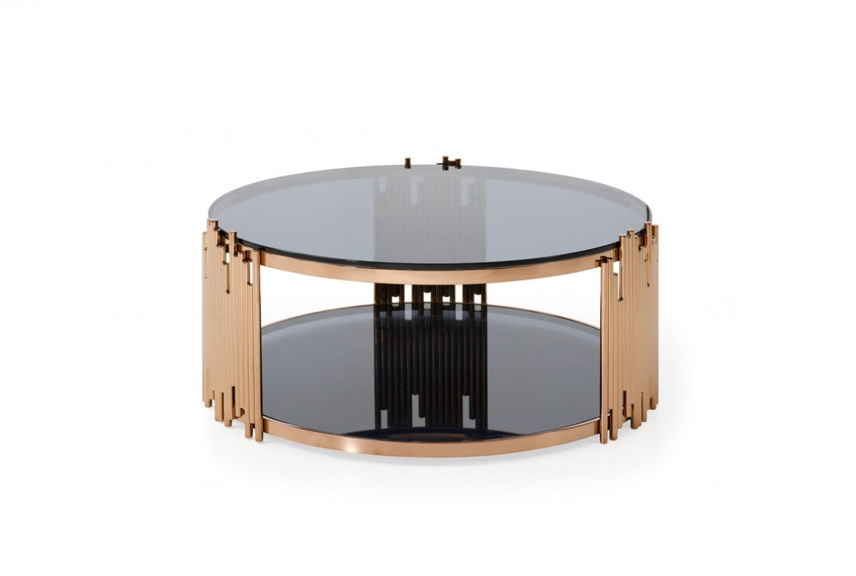 Modern Smoked Glass & Rose Gold Round Coffee Table