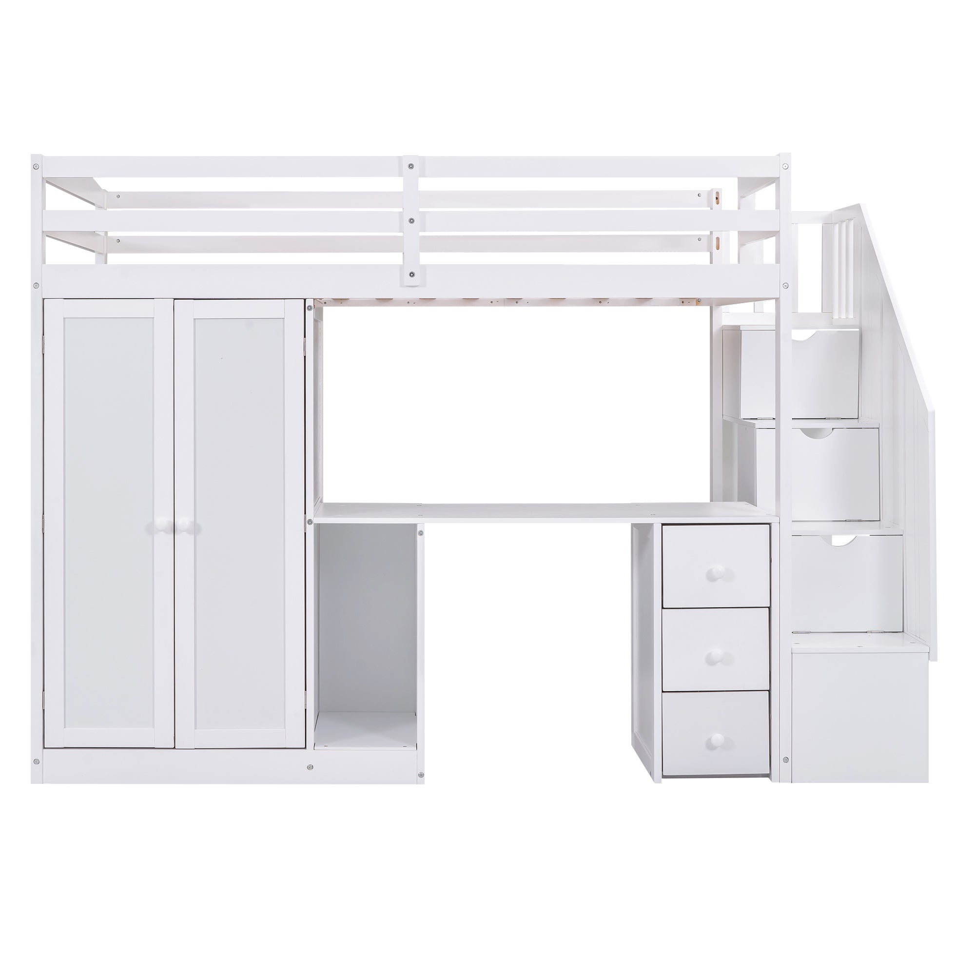 Twin Size Loft Bed with Wardrobe and Staircase - White