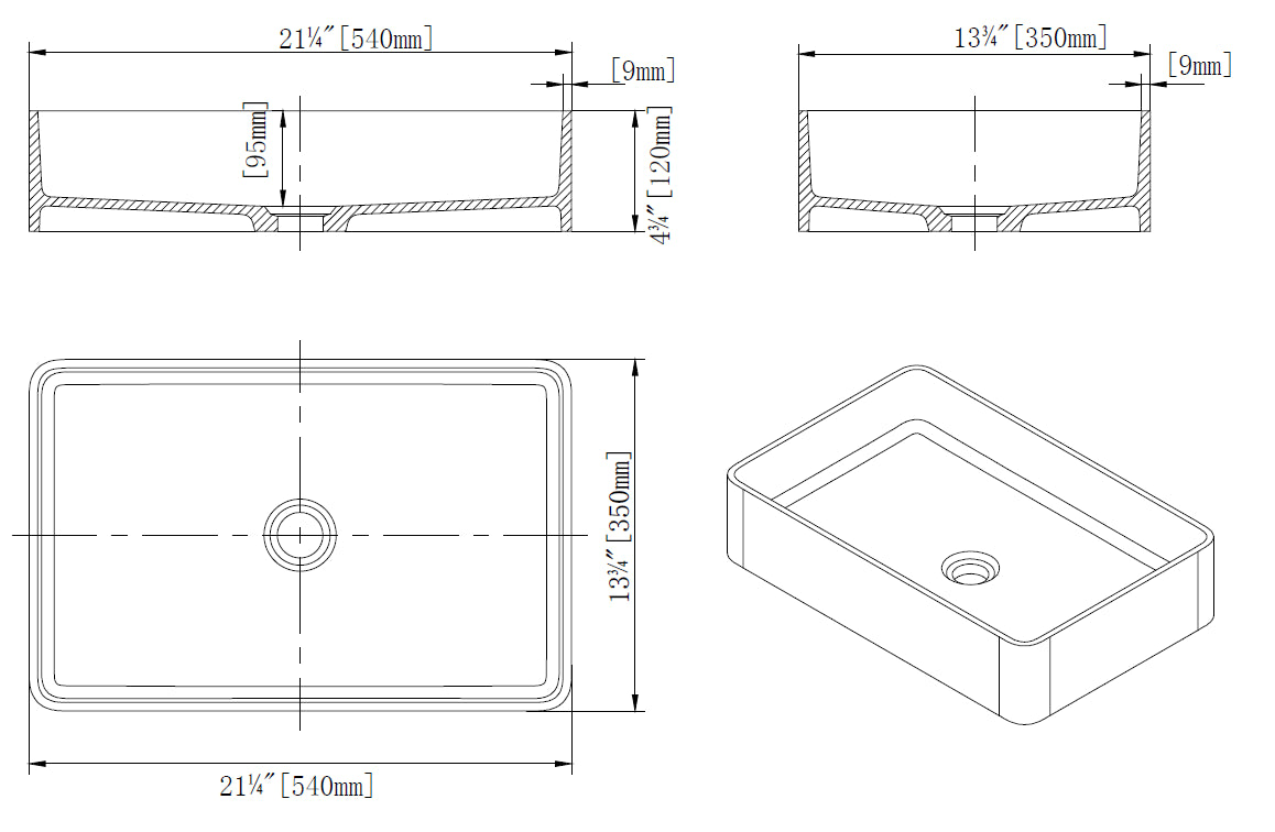 21.25'' x13.75'' Matte white Bathtoom Vessel Basin Artificial Stone Solid Surface Countertop Sink 540x350MM