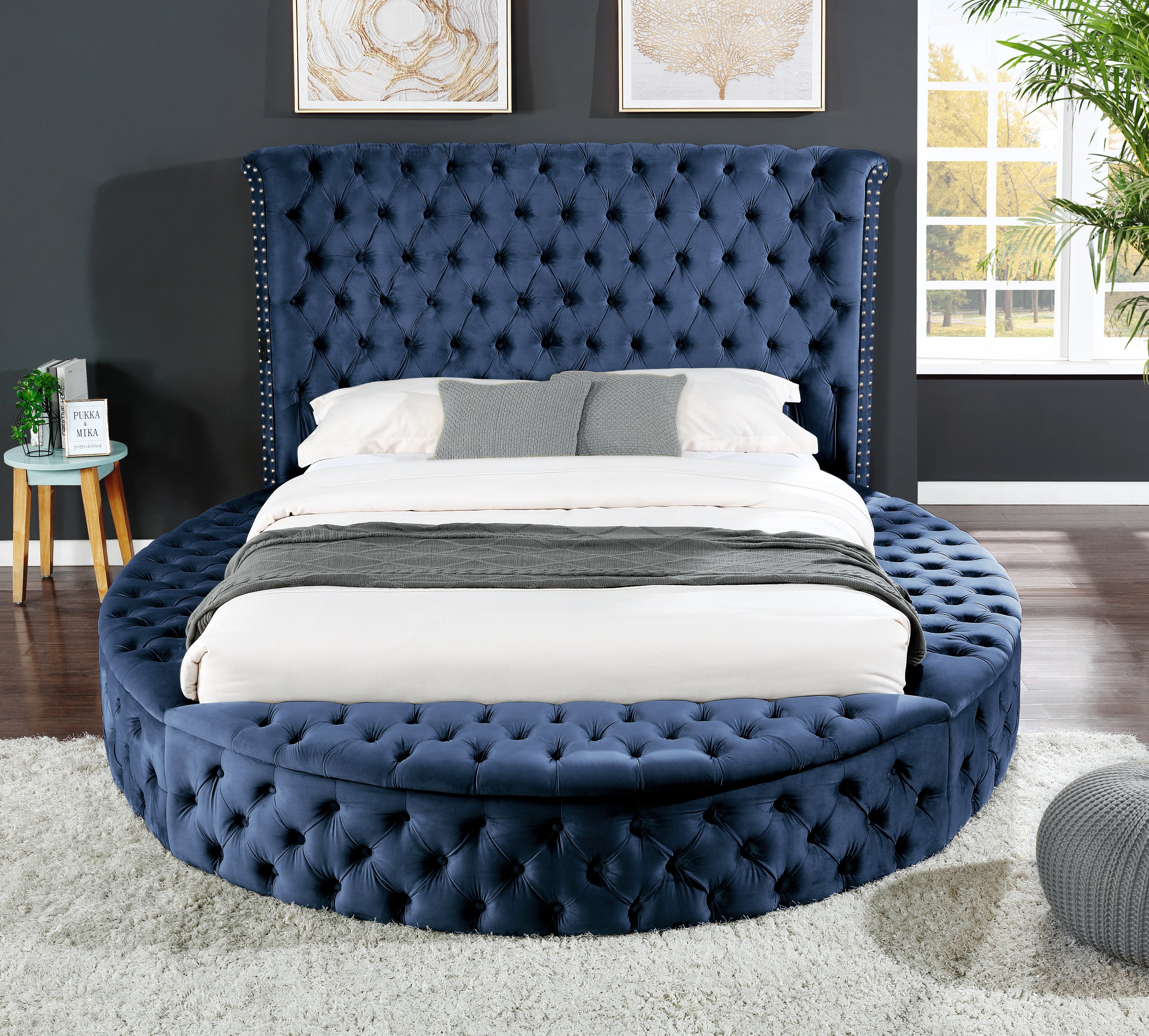 King Size Tufted Storage Bed made with Wood - Navy