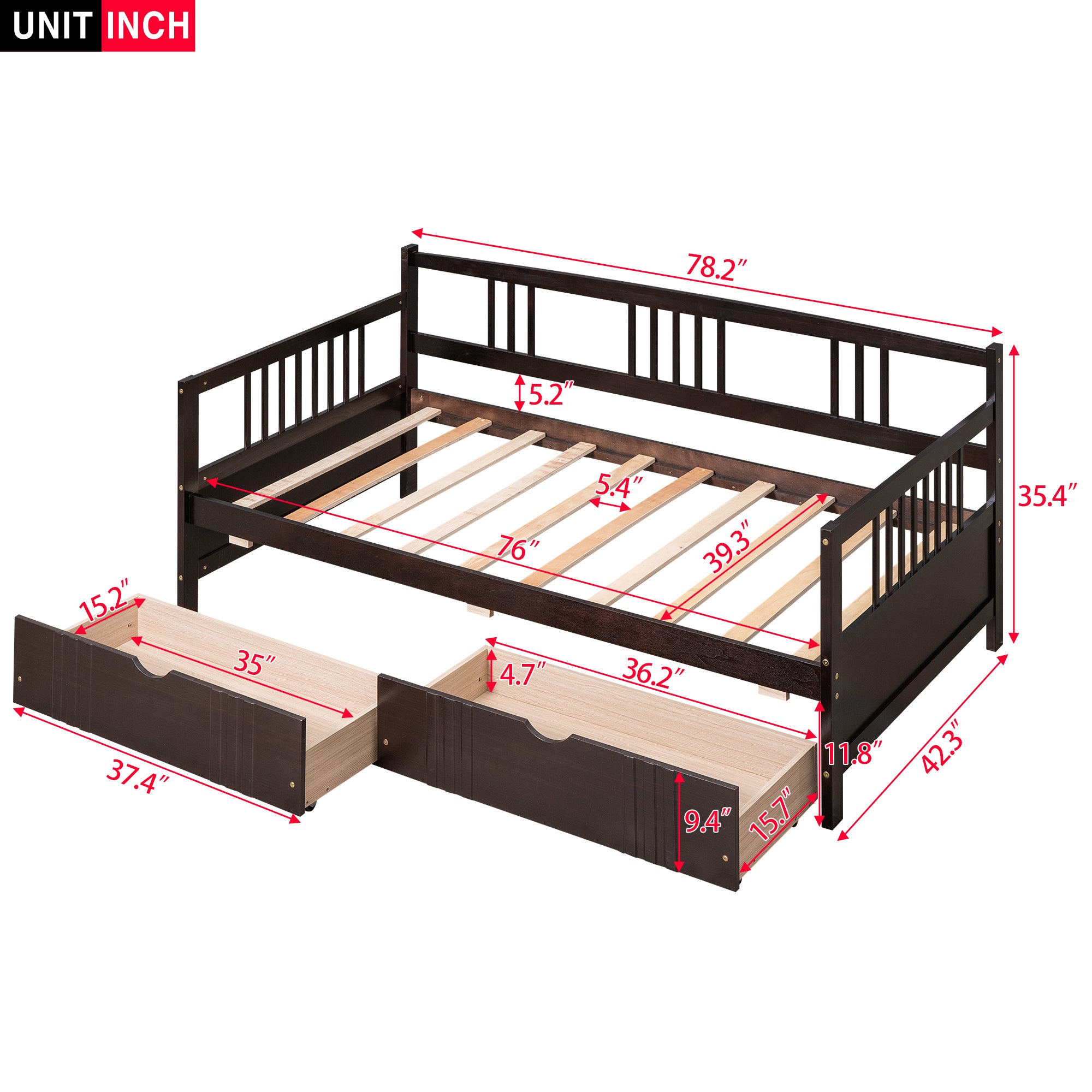 Twin Size Daybed Wood Bed with Two Drawers - Espresso