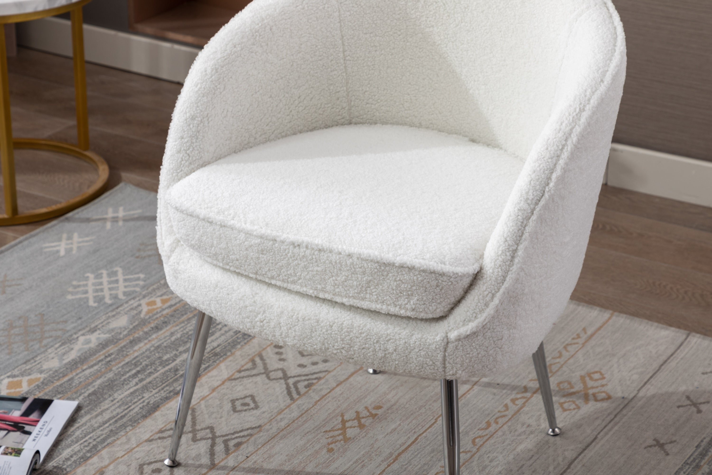 Soft Teddy Fabric Accent Armchair Dining Chair With Shining Electroplated Chrome Legs - Ivory White