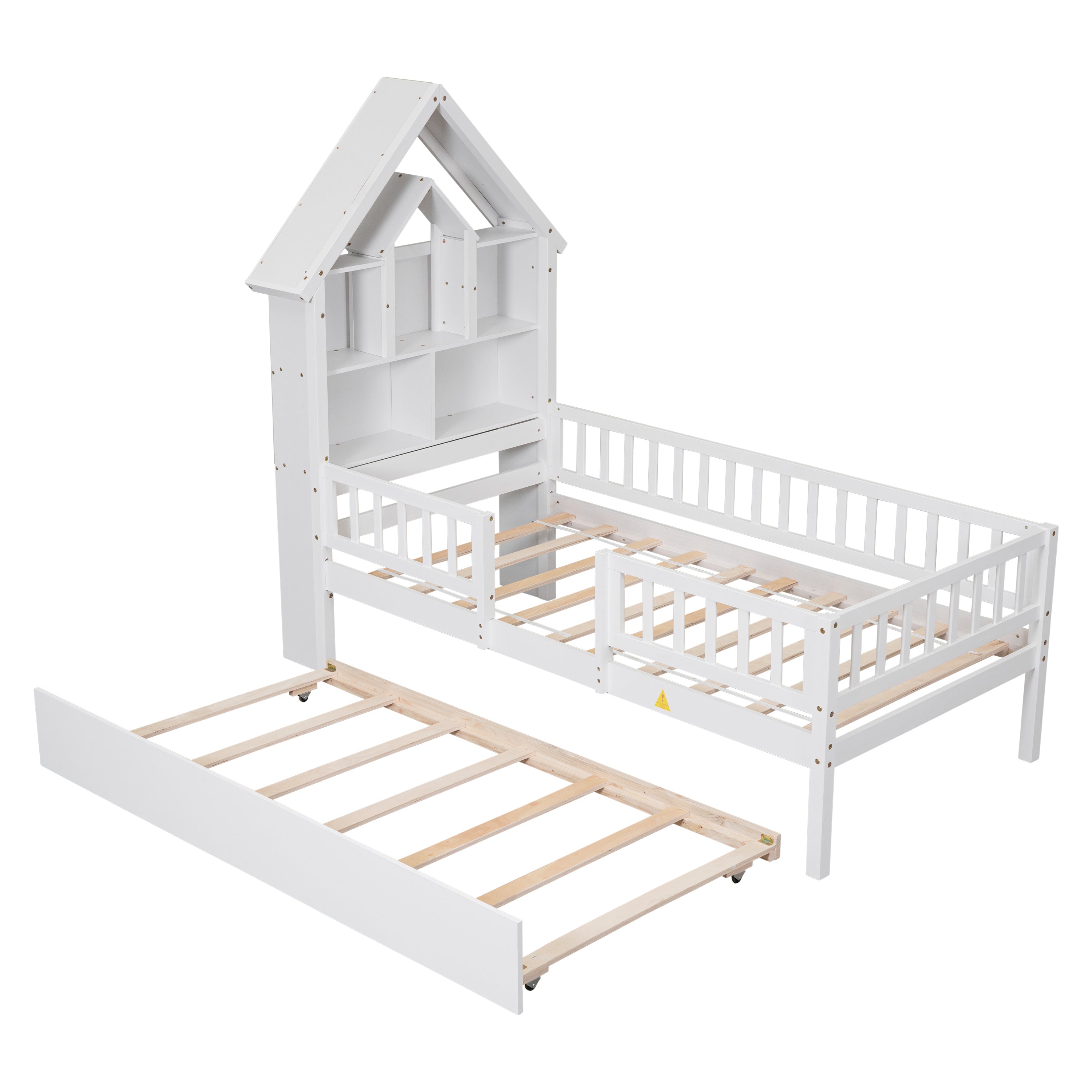 Twin Size DollHouse-Shaped Headboard with Fence Guardrails and Trundle - White