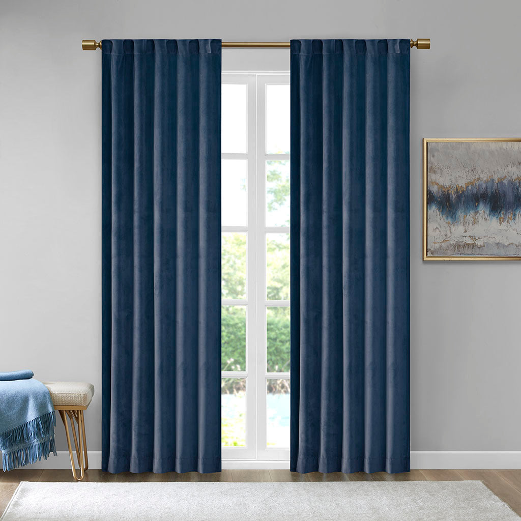 Room Darkening Poly Velvet Rod Pocket/Back Tab Curtain Panel Pair - Navy