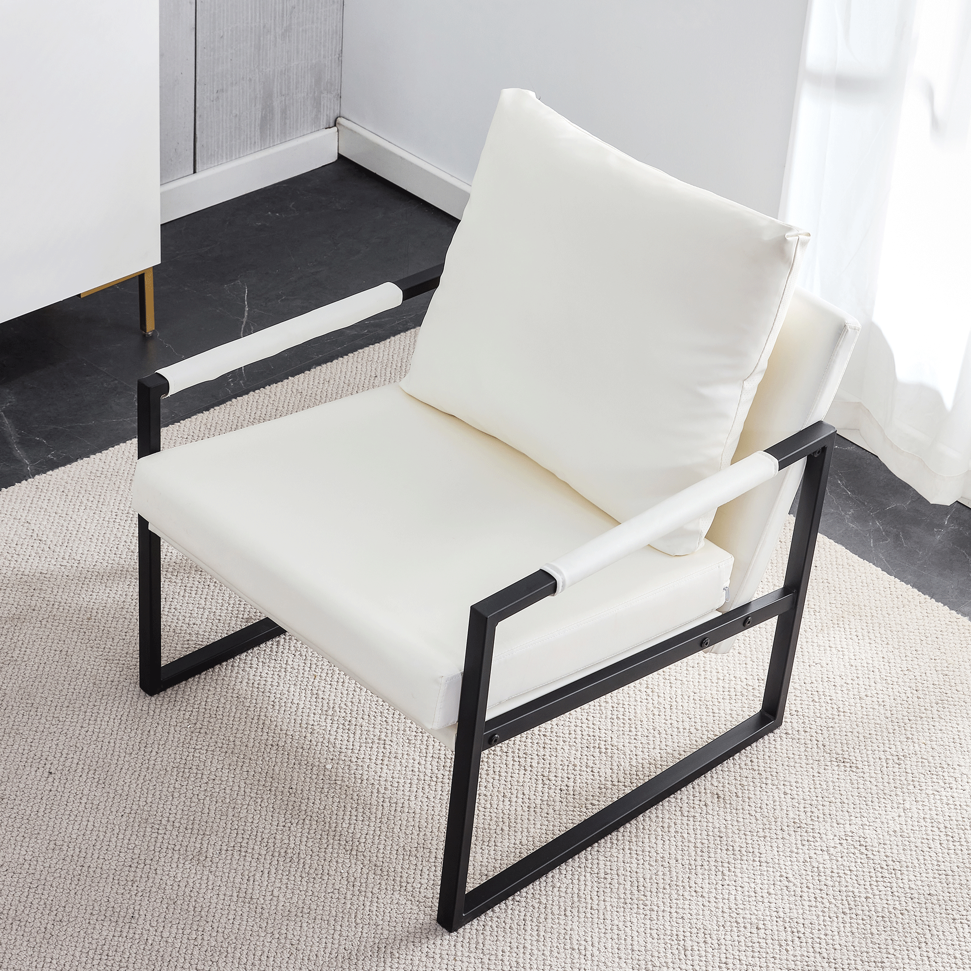 Modern Sofa Chair - White PU Leather + Metal Frame + Foam