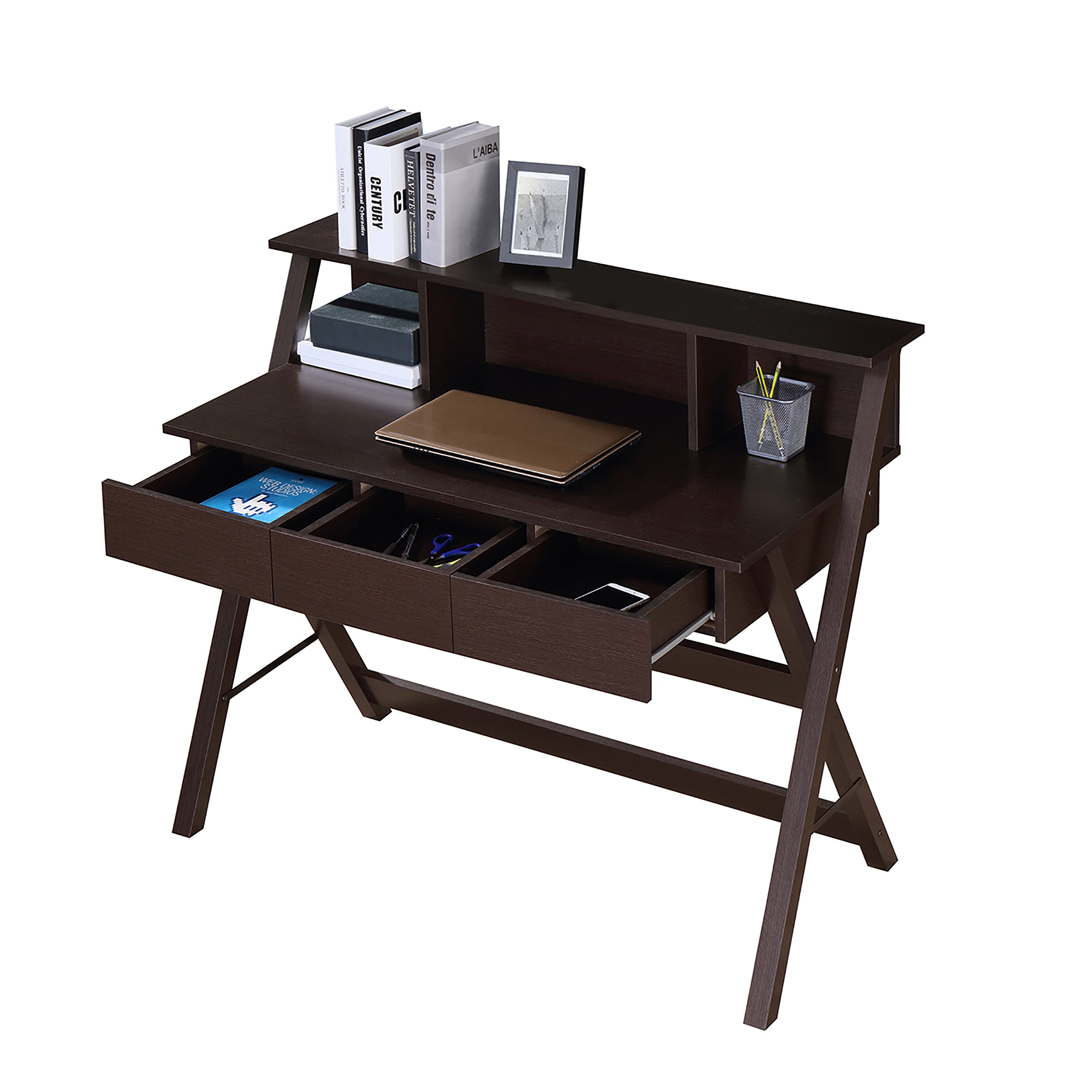 Writing Desk with Storage & X-Shaped Legs - Wenge