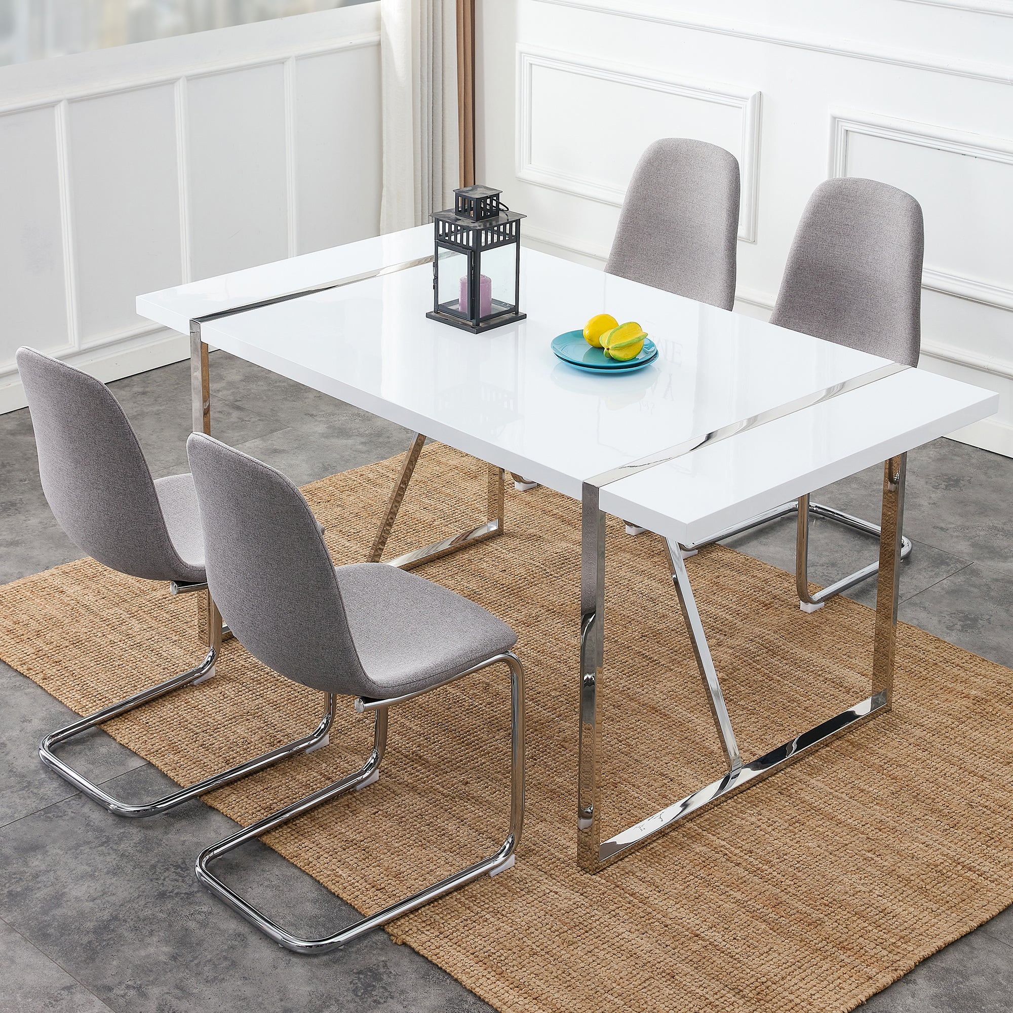 Dining Table Rustic Rectangular MDF Wood White Dining Table For 4-6 Person with 1.6" Thick Engineered Wood Tabletop and plating Metal Legs