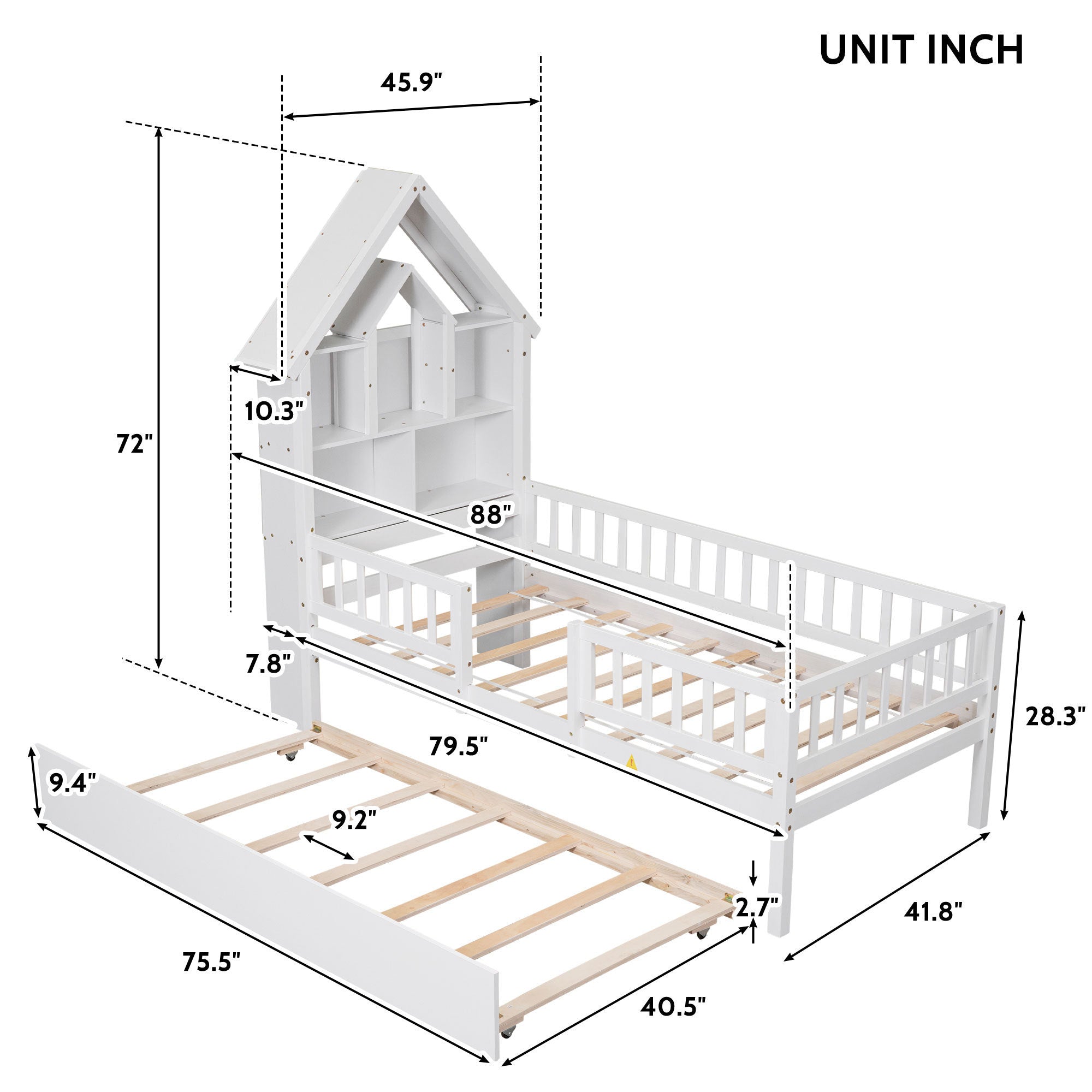 Twin Size DollHouse-Shaped Headboard with Fence Guardrails and Trundle - White