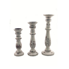 Distressed Mango Wood Pillar Shaped Candle holder (Set of 3) - White