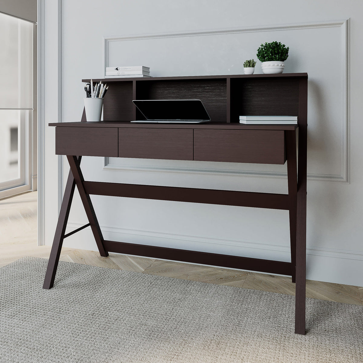 Writing Desk with Storage & X-Shaped Legs - Wenge