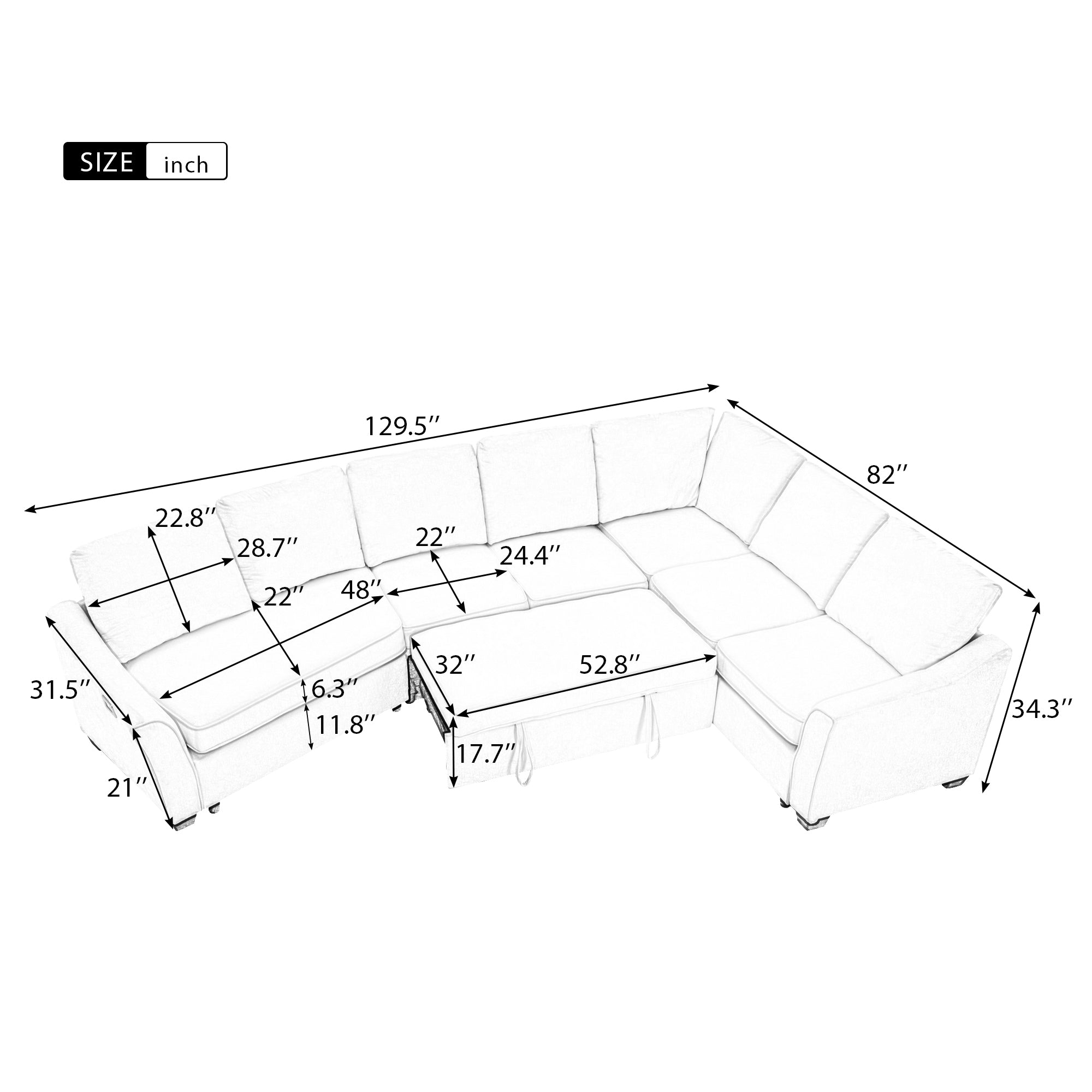 129.5" Sectional Sleeper Sofa with Pull-Out Bed Modern L-Shape Couch Bed with USB Charging Port - Beige
