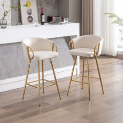 26 Inch Set of 2 Bar Stools, with Chrome Footrest and Base Velvet + Golden Leg Simple Bar Stool - Cream