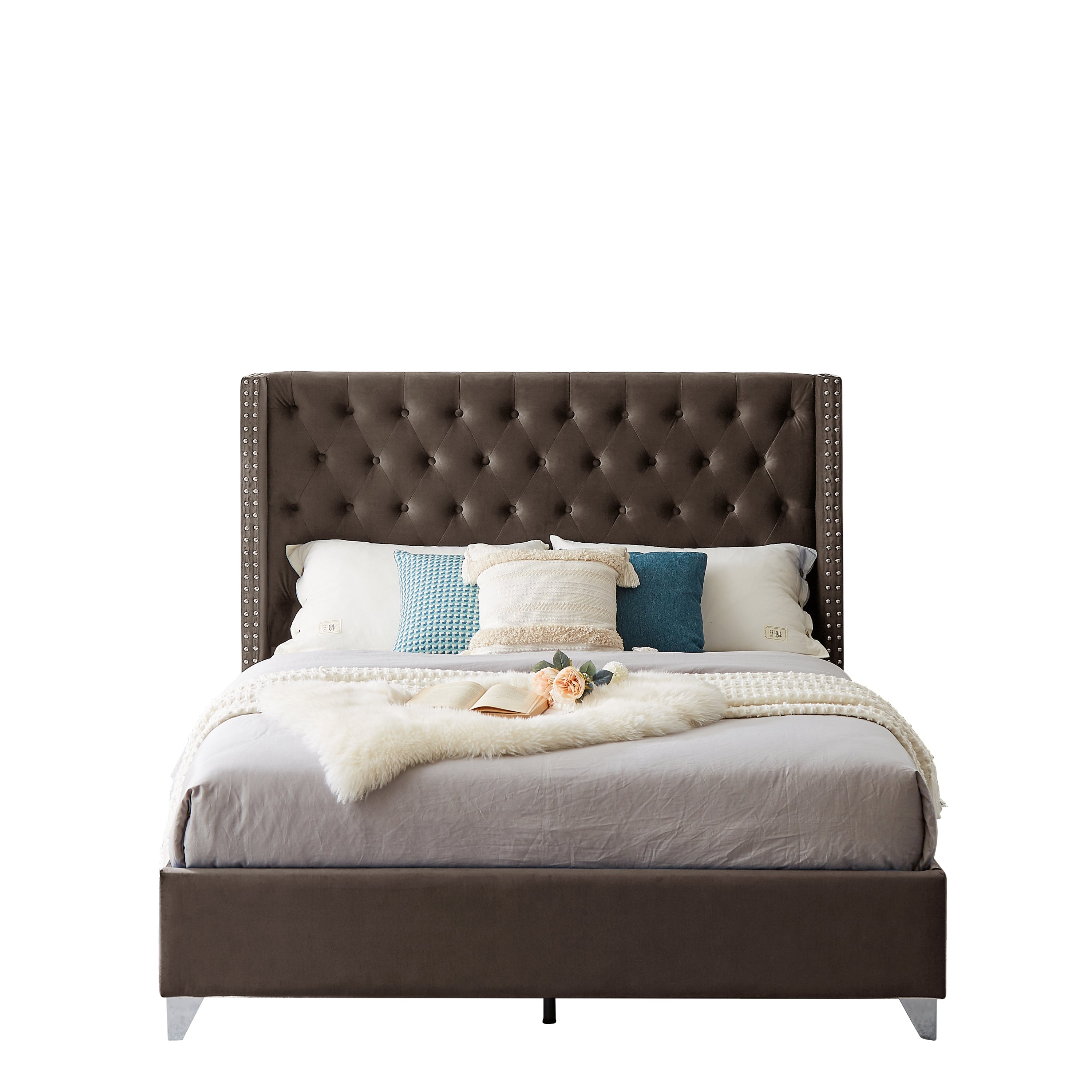 Queen Bed - Button designed Headboard - Brown