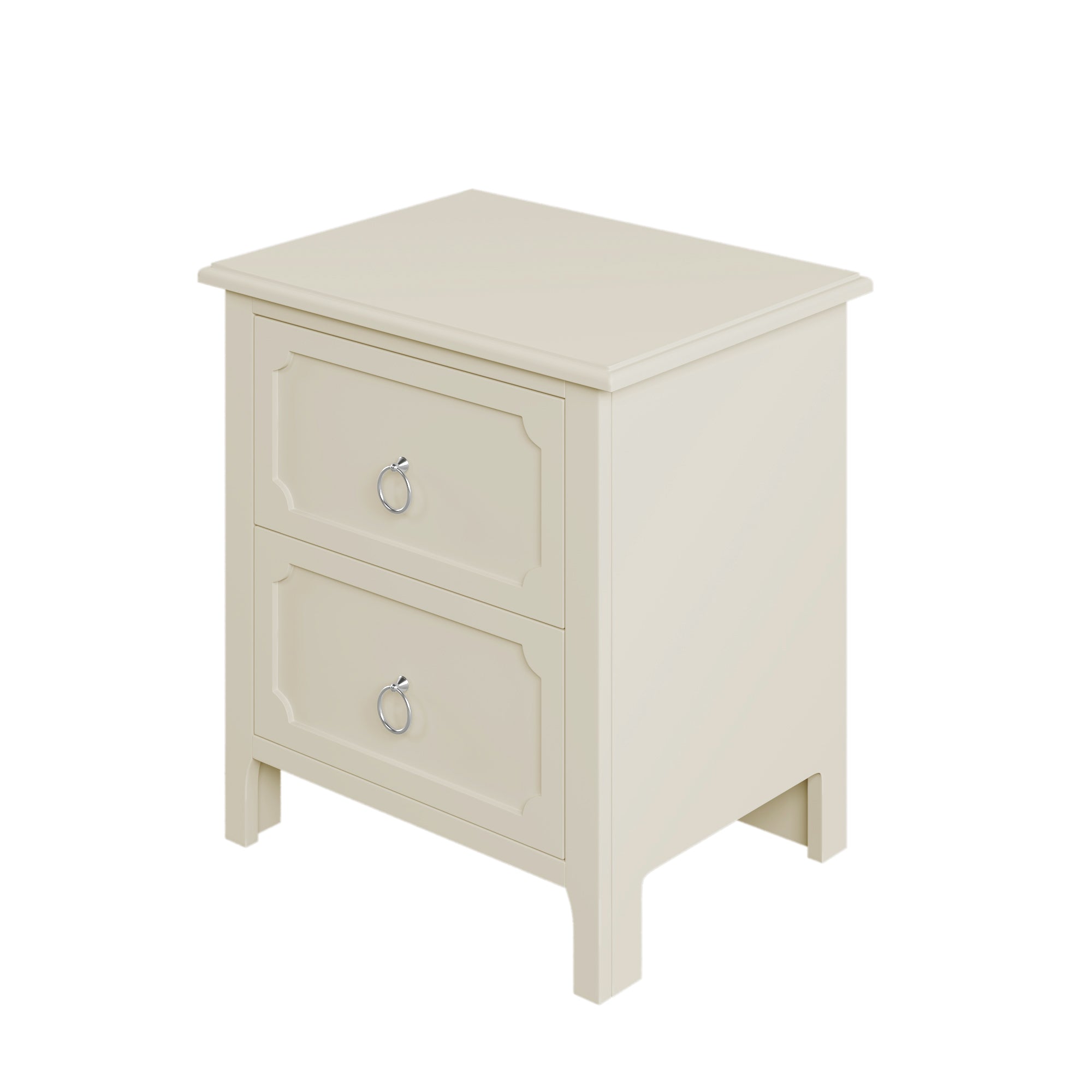 Milky White Rubber Wooden Nightstand Two Drawers Silver Metal Handles