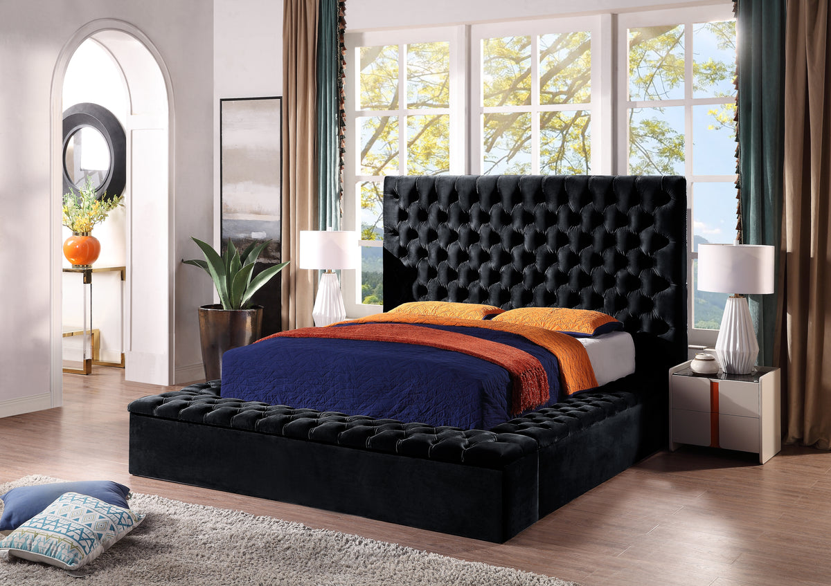 King Size Contemporary Velvet Upholstered Bed with Storage Locker, Deep Button Tufting, Solid Wood Frame, High-density Foam, Silver Metal Leg - Black