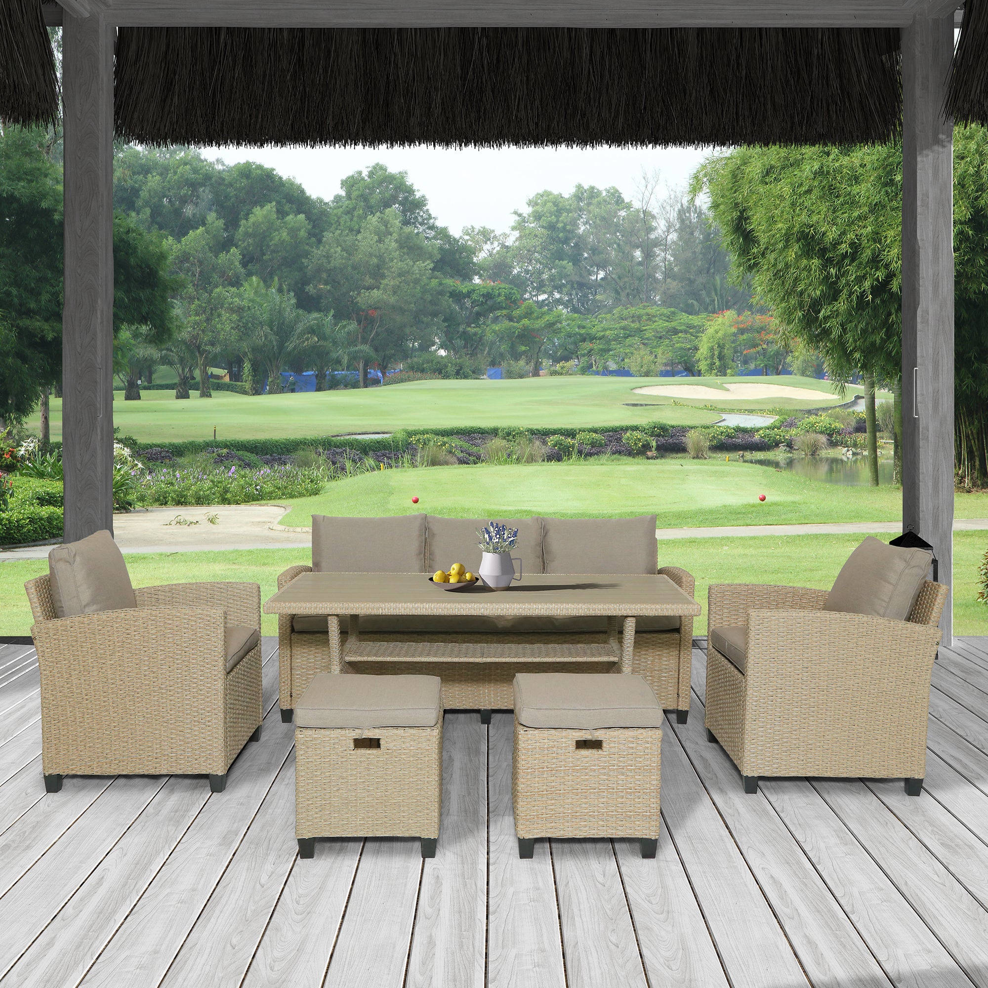 6 Piece Outdoor Rattan Wicker Set Patio Garden Backyard Sofa, Chair, Stools and Table - Brown
