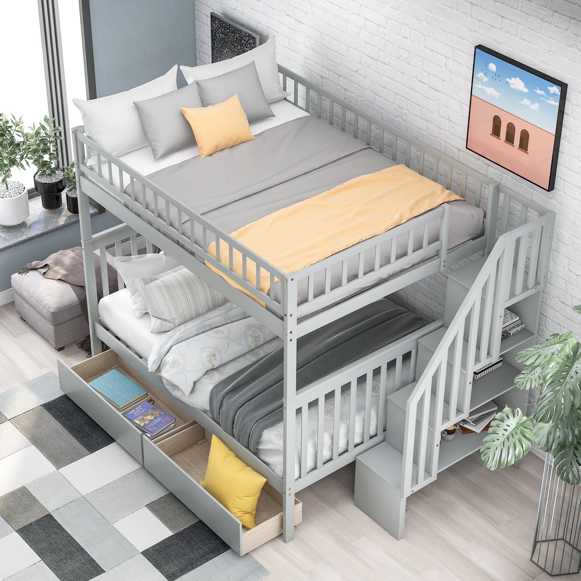 Full over Full Bunk Bed with Two Drawers and Storage - Gray