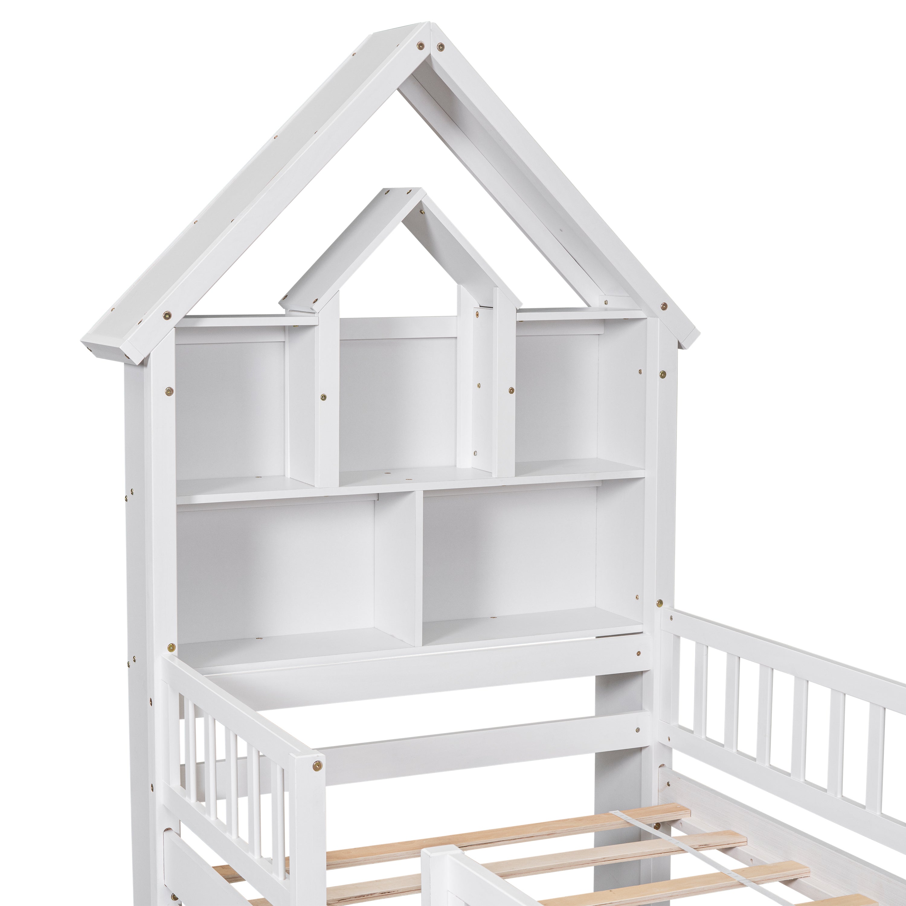 Twin Size DollHouse-Shaped Headboard with Fence Guardrails and Trundle - White