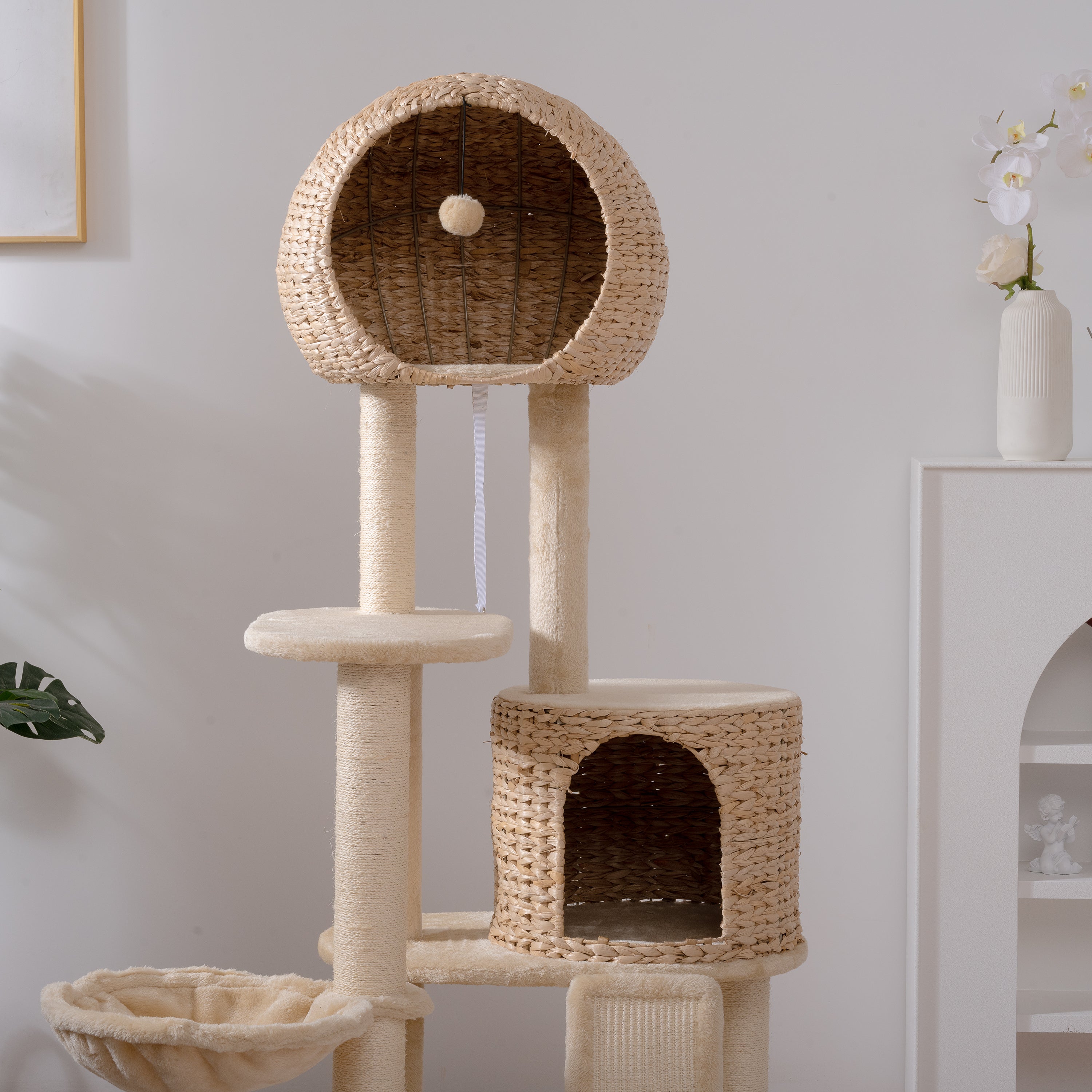 Cat Tree, 59-Inch Cat Tower for Indoor Cats, Plush Multi-Level Cat Condo with 2 Perches, 2 Caves, Cozy Basket and Scratching Board - Beige