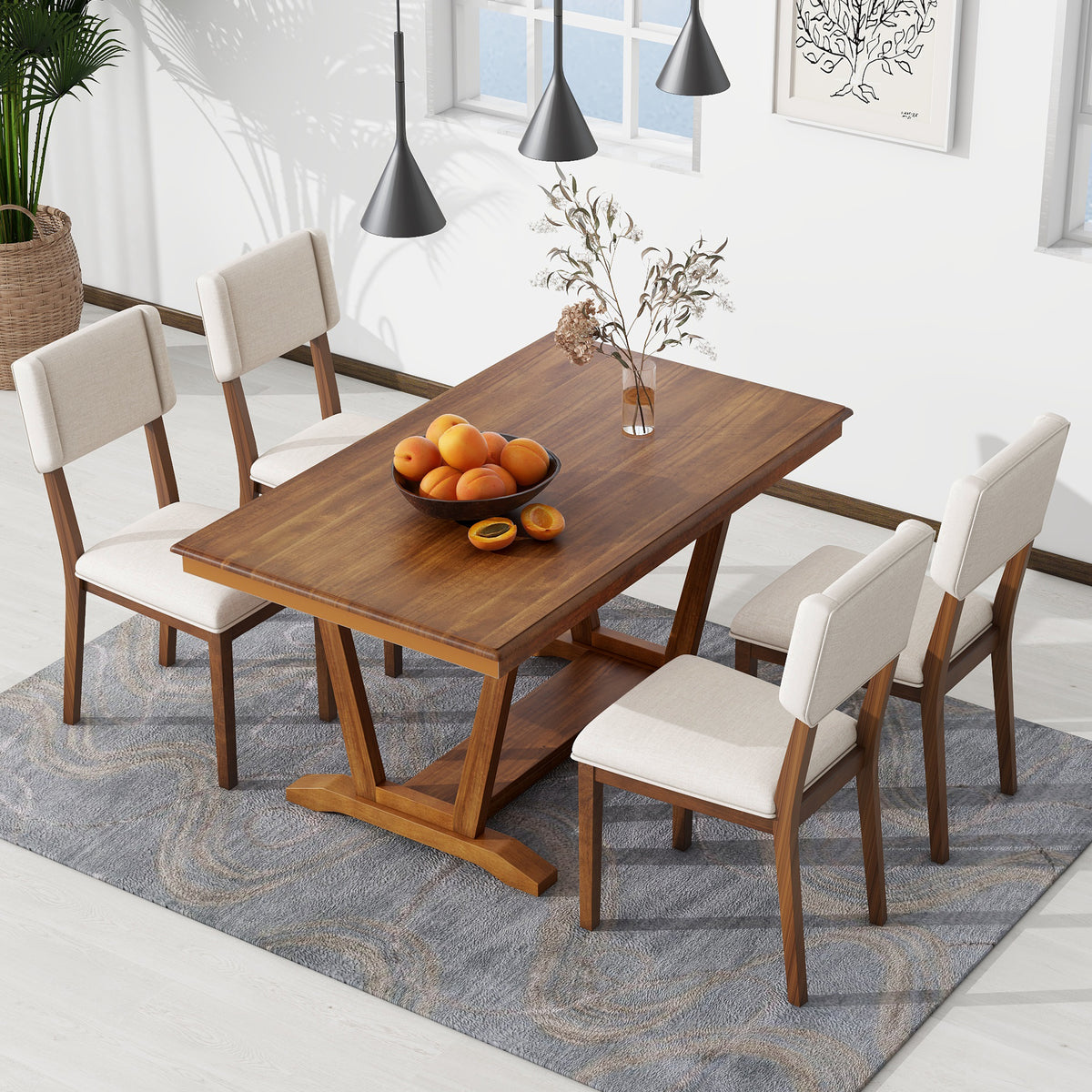 Rustic 5-piece Dining Table Set with 4 Upholstered Chairs - Walnut