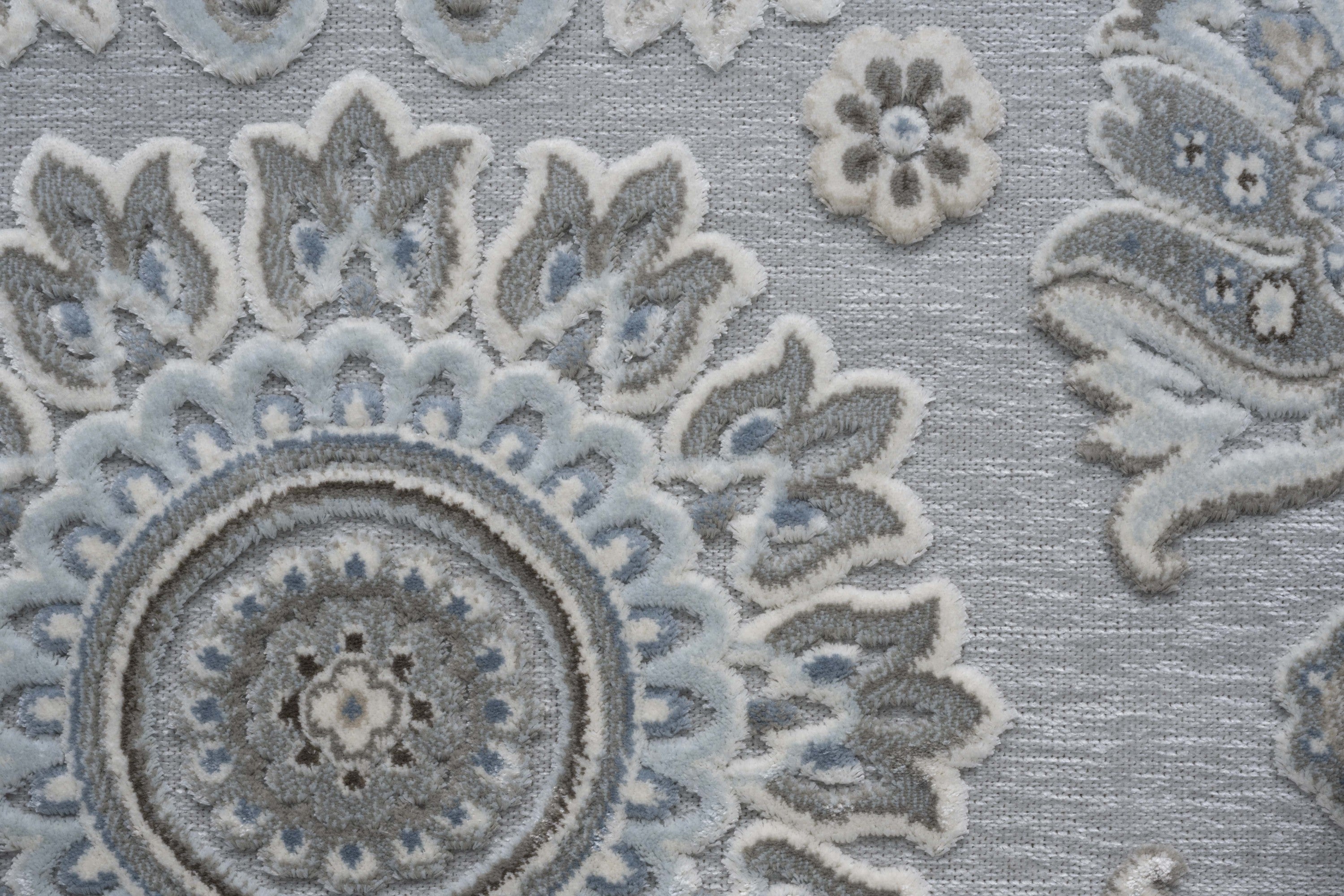 Lily Light Gray, Medium Gray, Blue and Ivory Chenille and Viscose High - Low Area Rug 5x8