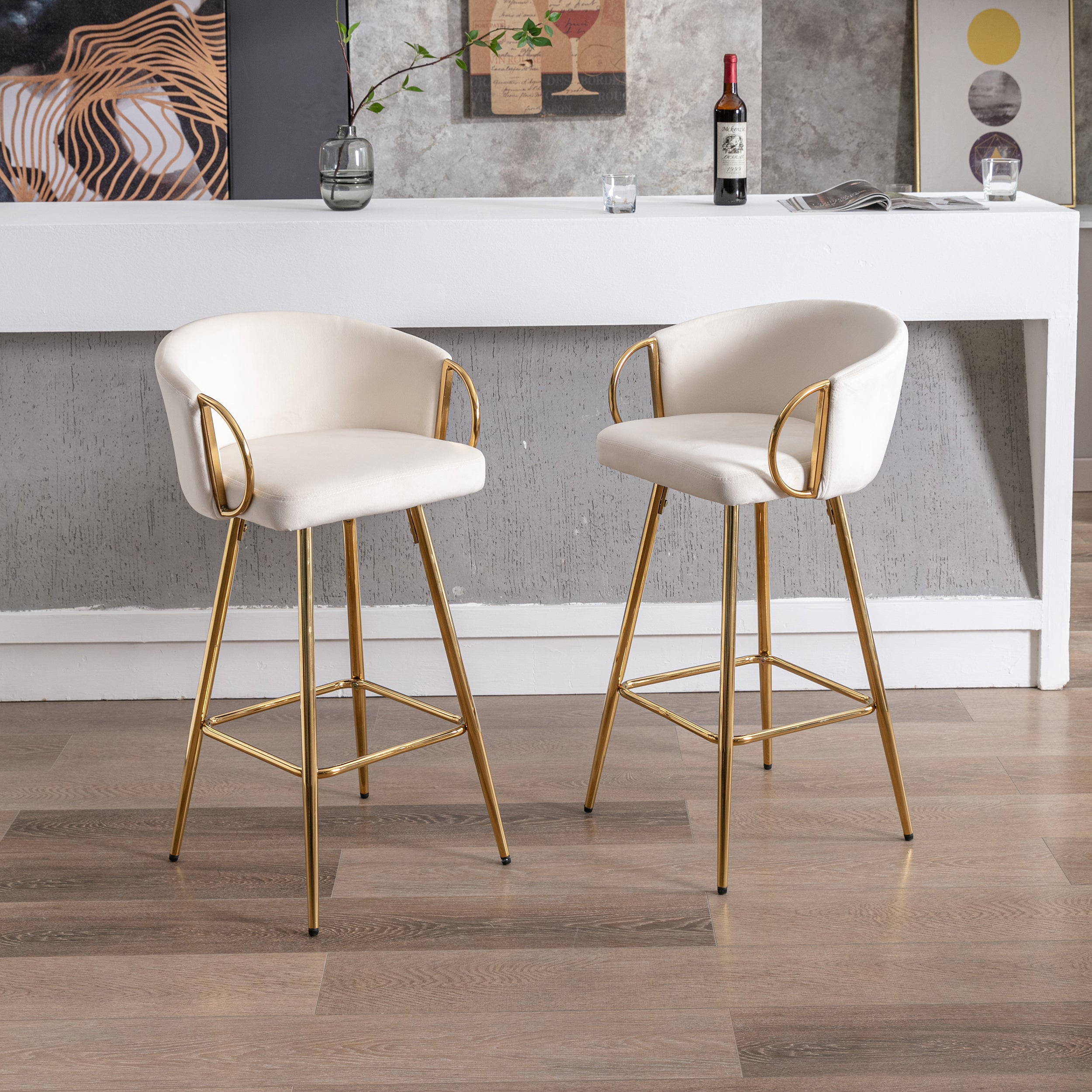 26 Inch Set of 2 Bar Stools, with Chrome Footrest and Base Velvet + Golden Leg Simple Bar Stool - Cream