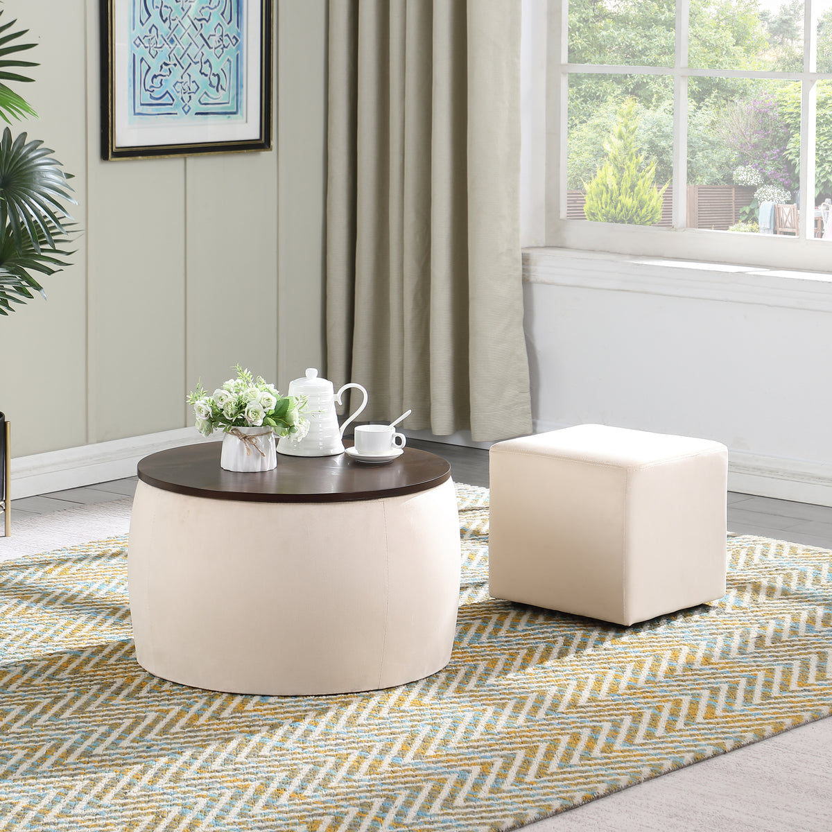 Round Ottoman Set with Storage, 2 in 1 combination, Round Coffee Table