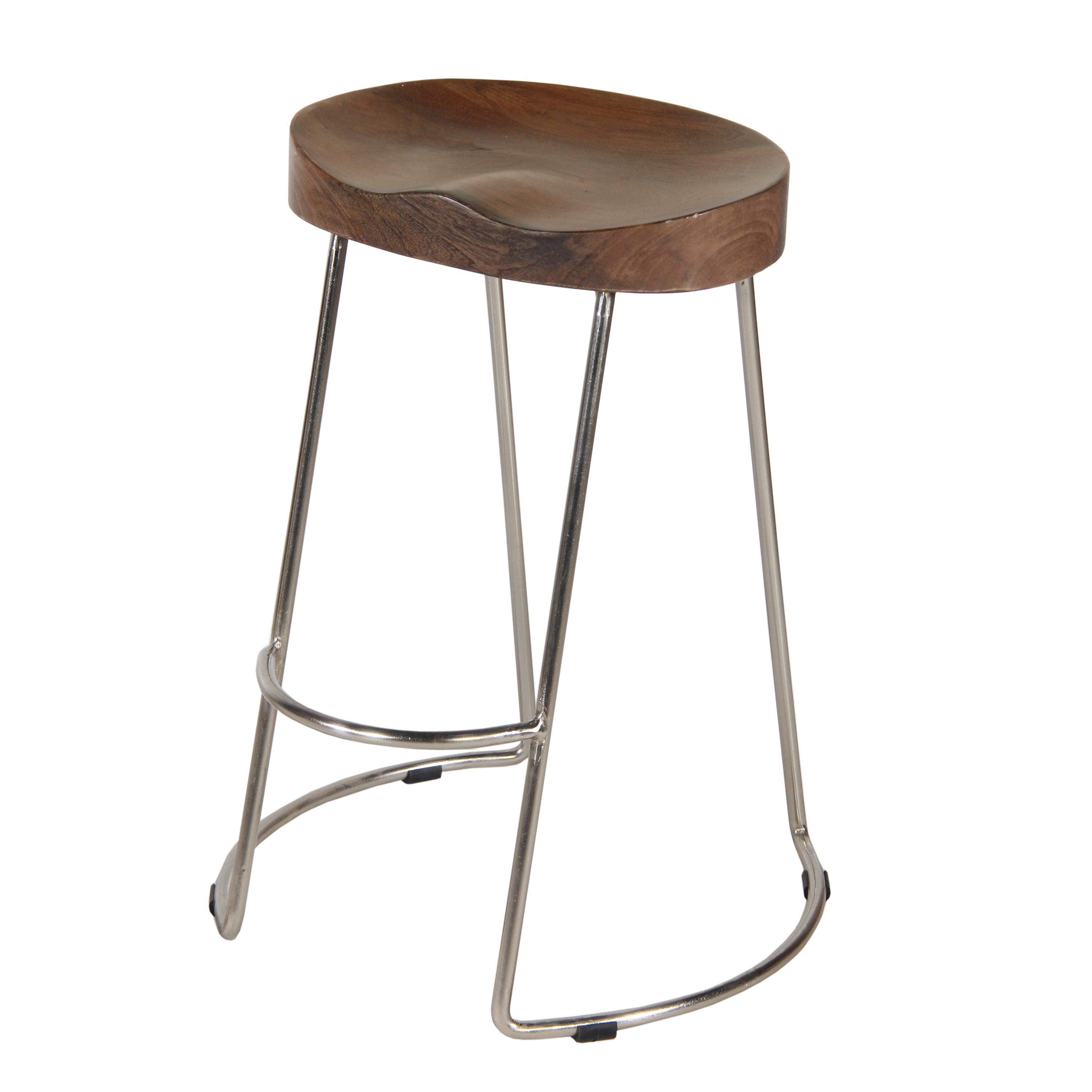 Farmhouse Counter Height Barstool with Wooden Saddle Seat - Brown and Silver