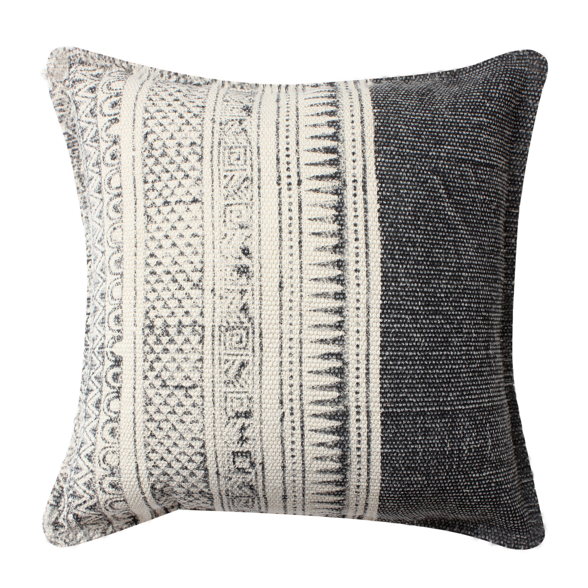 Square Handwoven Accent Throw Pillow, Polycotton Dhurrie, Kilim Pattern - White & Gray