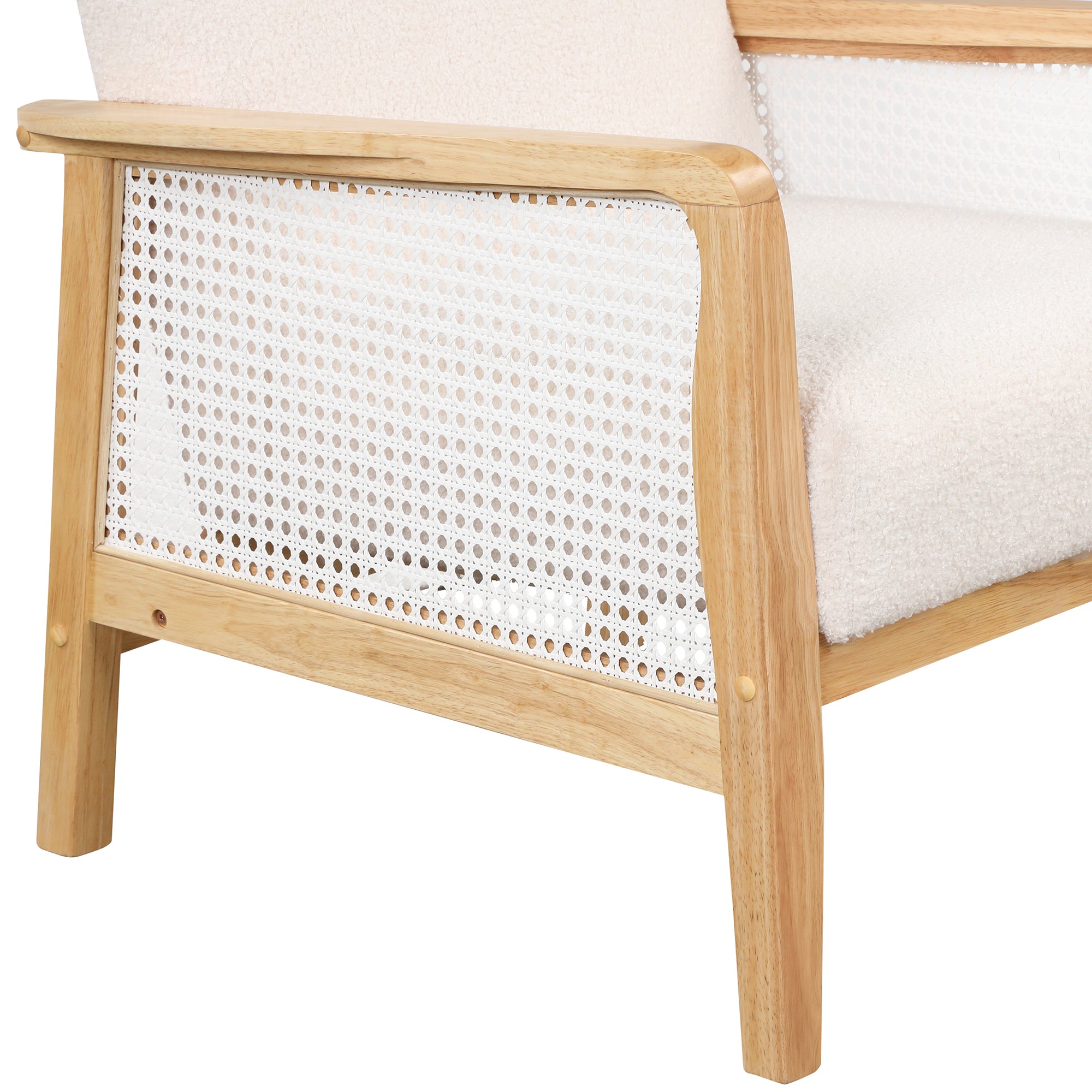 Armchair Rattan Mesh Upholstered Accent Chair, Teddy Short Plush Particle Velvet Armchair - White