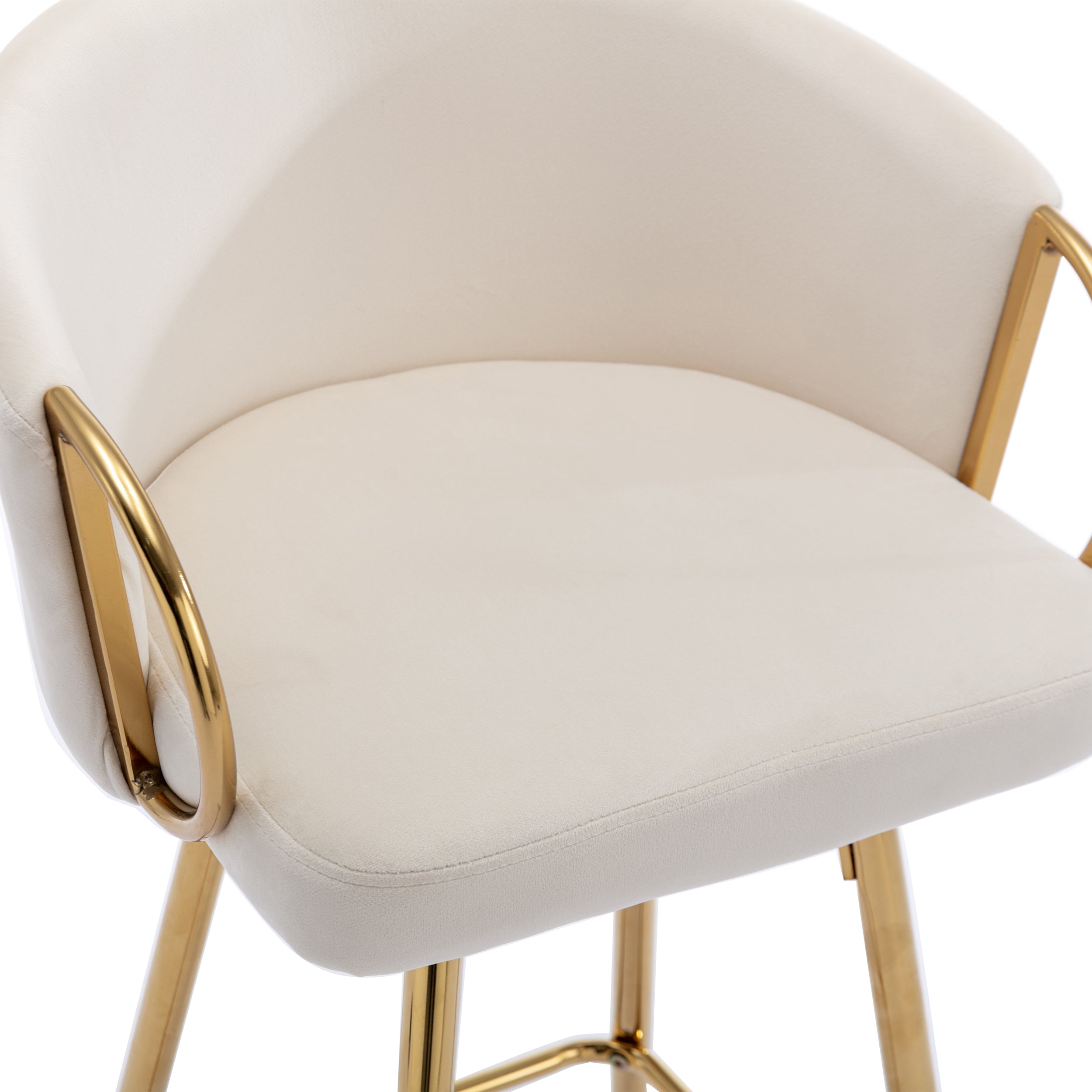 26 Inch Set of 2 Bar Stools, with Chrome Footrest and Base Velvet + Golden Leg Simple Bar Stool - Cream